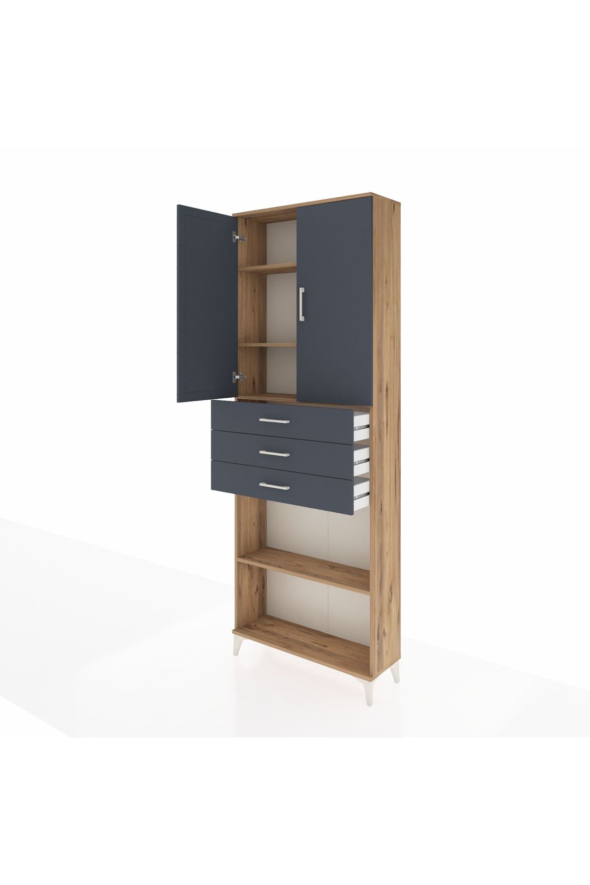 Arges Dolap 4 Raflı 3 Çekmeceli 2 Kapaklı 88x30x243 Çam-Antrasit