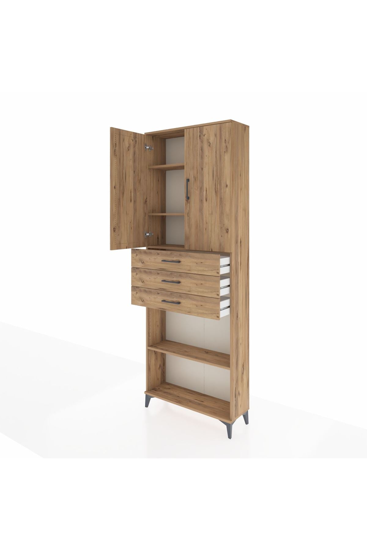 Arges Dolap 4 Raflı 3 Çekmeceli 2 Kapaklı 88x30x243 Çam-Çam