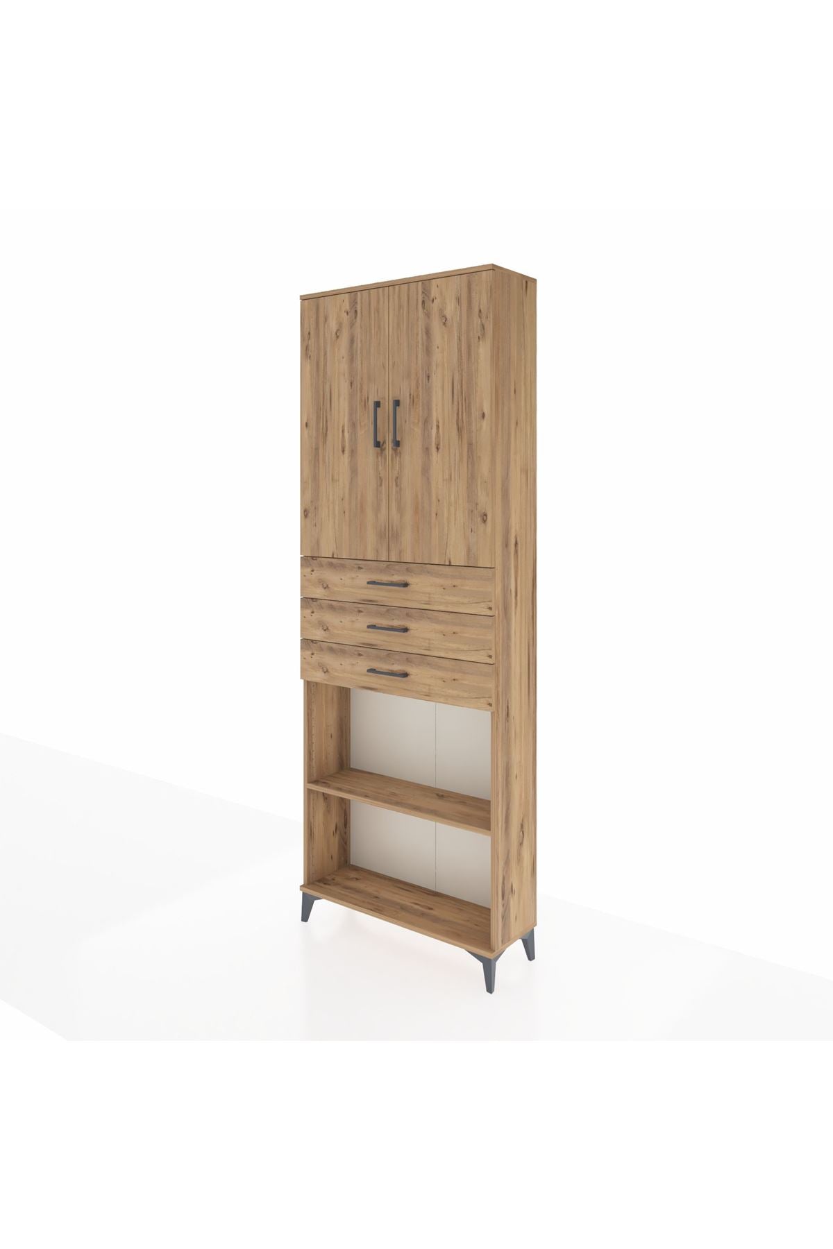 Arges Dolap 4 Raflı 3 Çekmeceli 2 Kapaklı 88x30x243 Çam-Çam