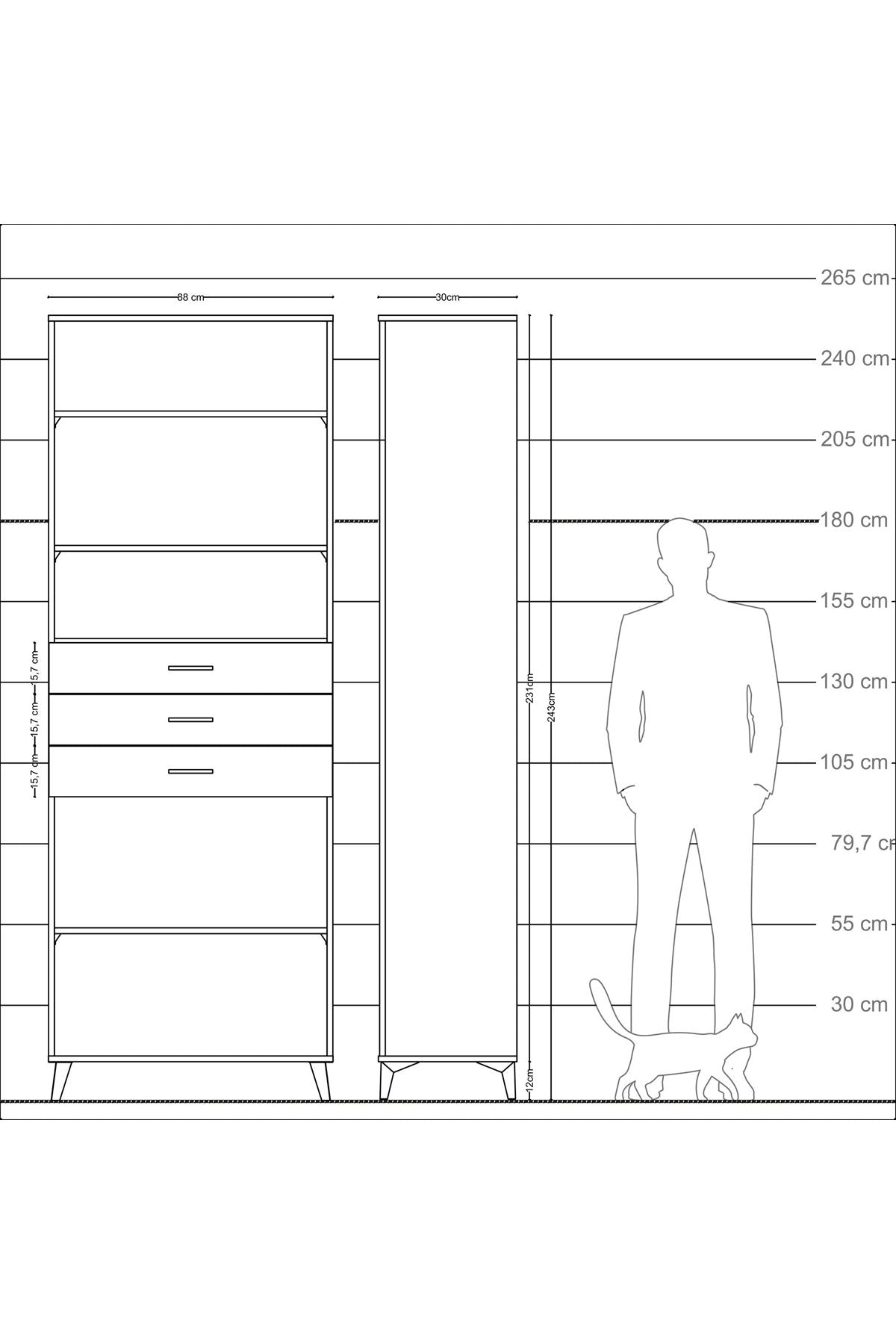 Arges Dolap 4 Raflı 3 Çekmeceli 88x30x243 Antrasit-Çam