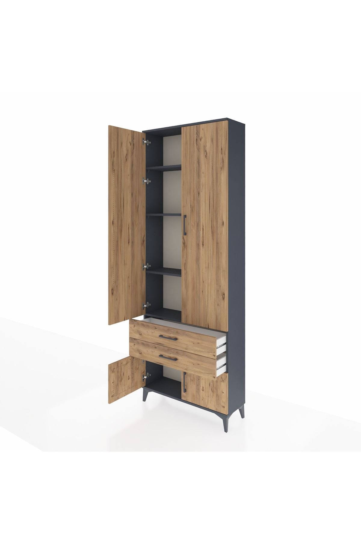 Arges Dolap 4 Raflı 2 Çekmeceli 4 Kapaklı 88x30x243 Antrasit-Çam