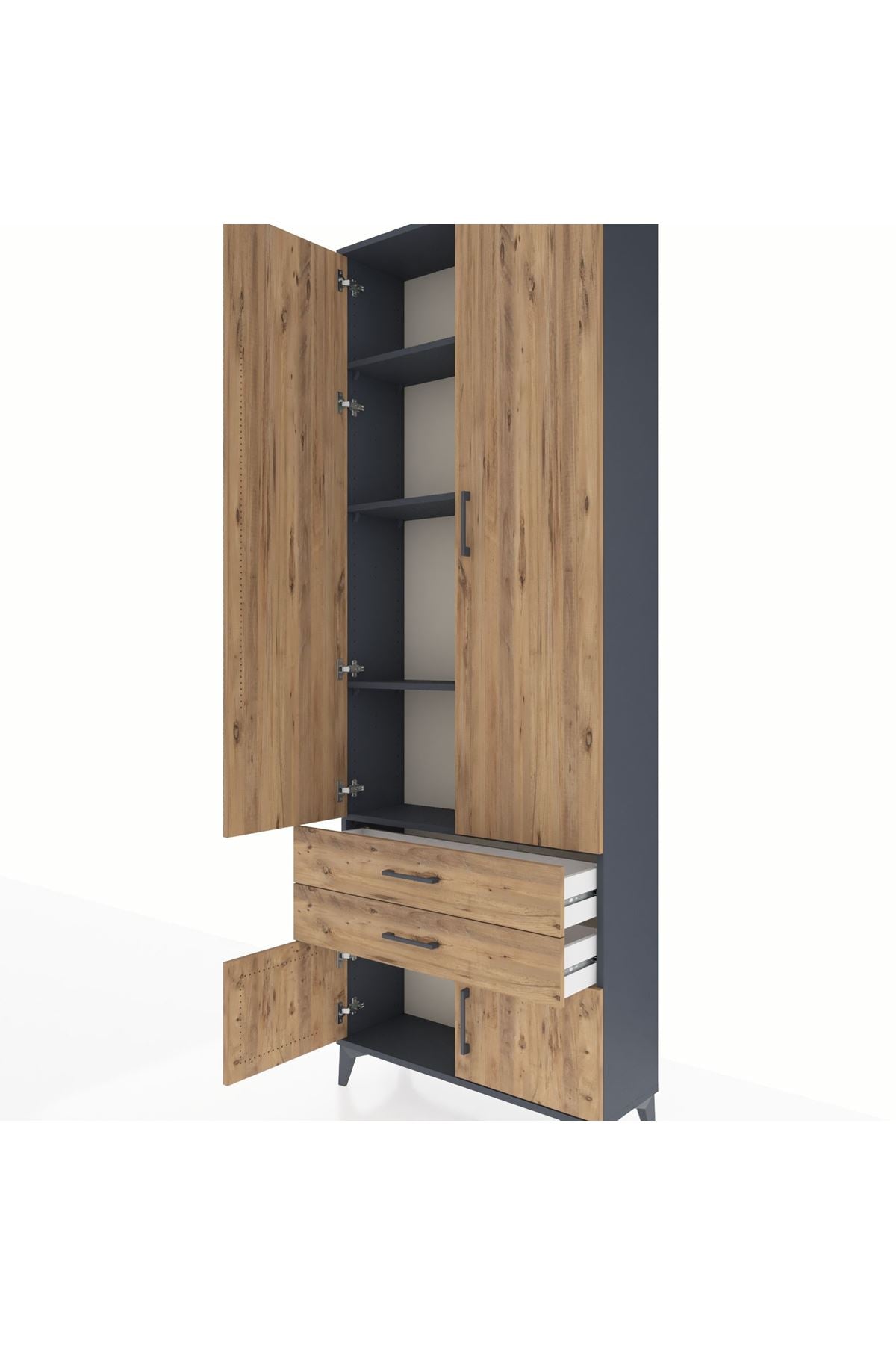 Arges Dolap 4 Raflı 2 Çekmeceli 4 Kapaklı 88x30x243 Antrasit-Çam