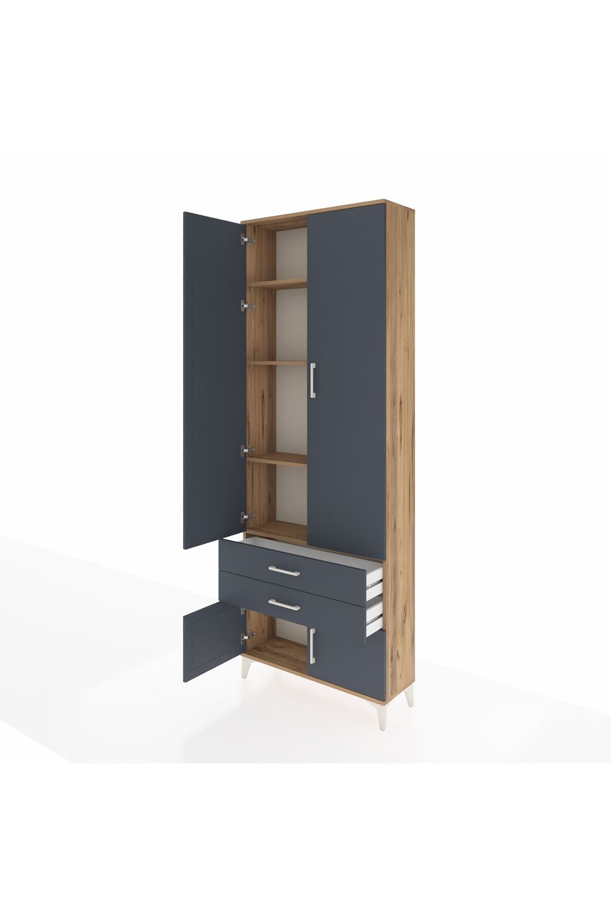 Arges Dolap 4 Raflı 2 Çekmeceli 4 Kapaklı 88x30x243 Çam-Antrasit