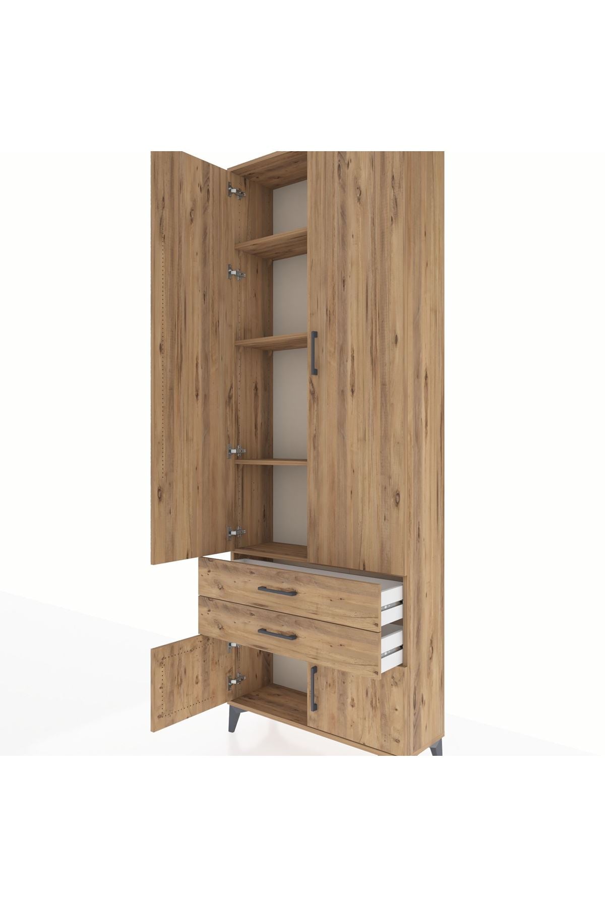 Arges Dolap 4 Raflı 2 Çekmeceli 4 Kapaklı 88x30x243 Çam-Çam