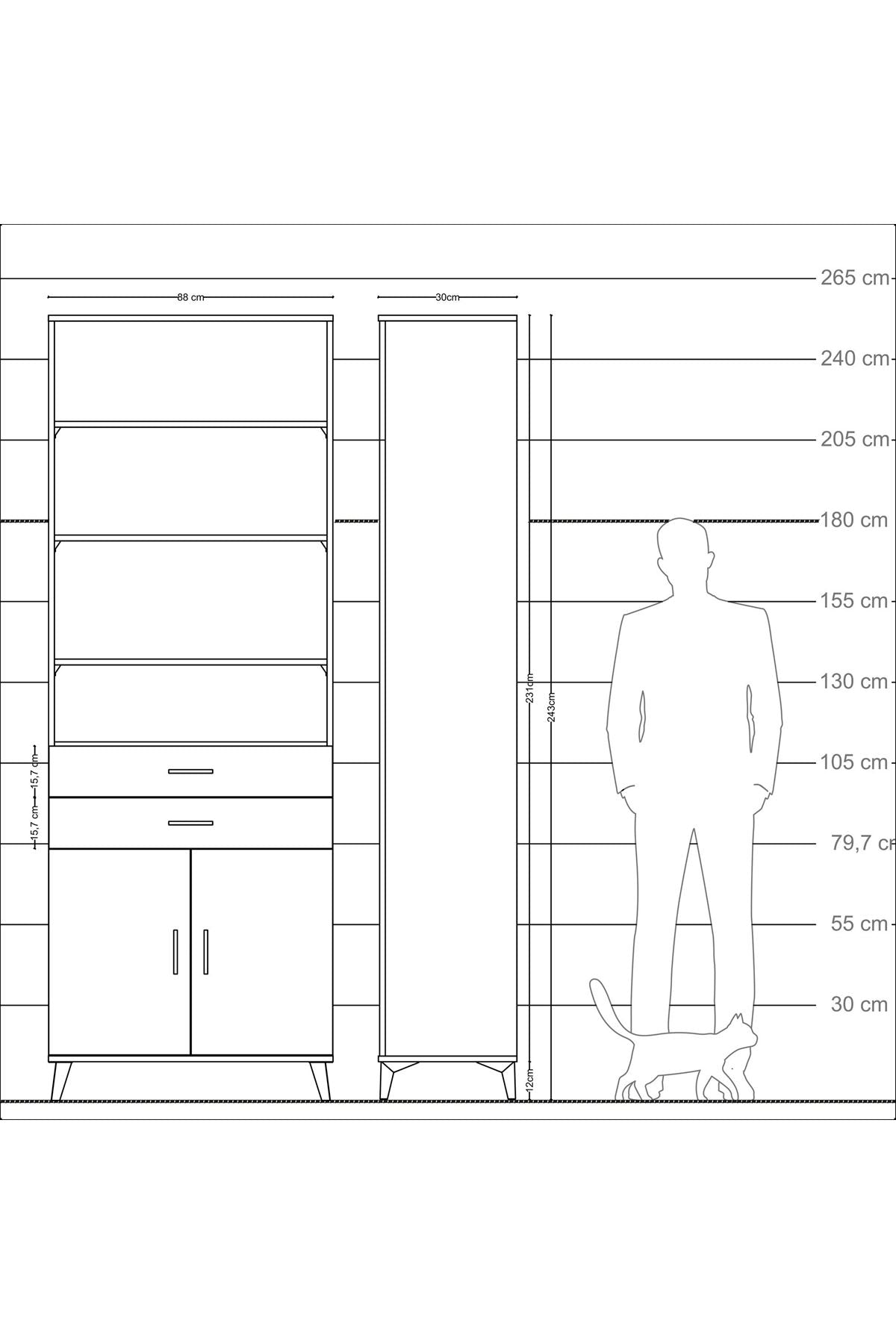 Arges Dolap 5 Raflı 2 Çekmeceli 2 Kapaklı 88x30x243 Antrasit-Çam