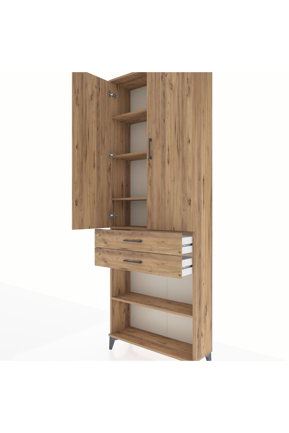 Arges Dolap 5 Raflı 2 Çekmeceli 2 Kapaklı 88x30x243 Çam-Çam