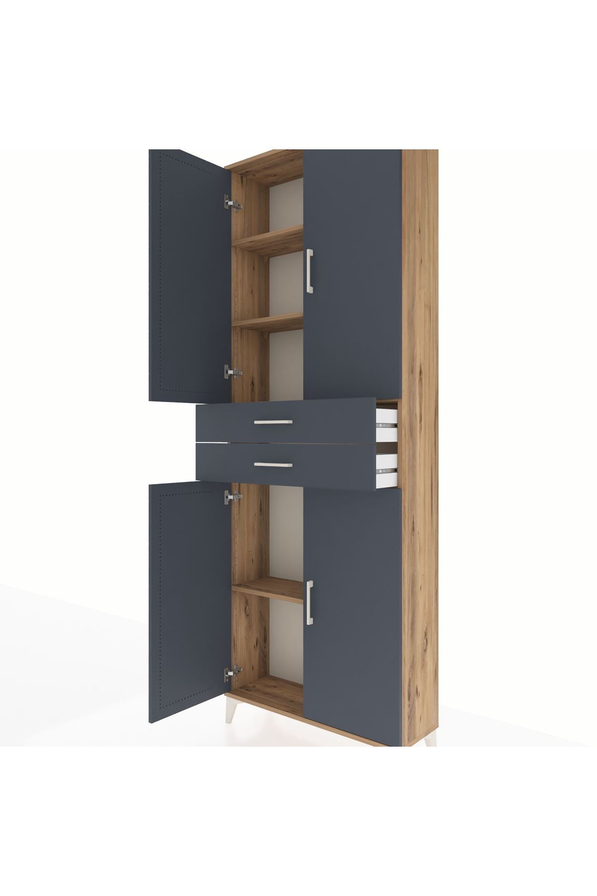 Arges Dolap 4 Raflı 2 Çekmeceli 4 Kapaklı 88x30x243 Çam-Antrasit