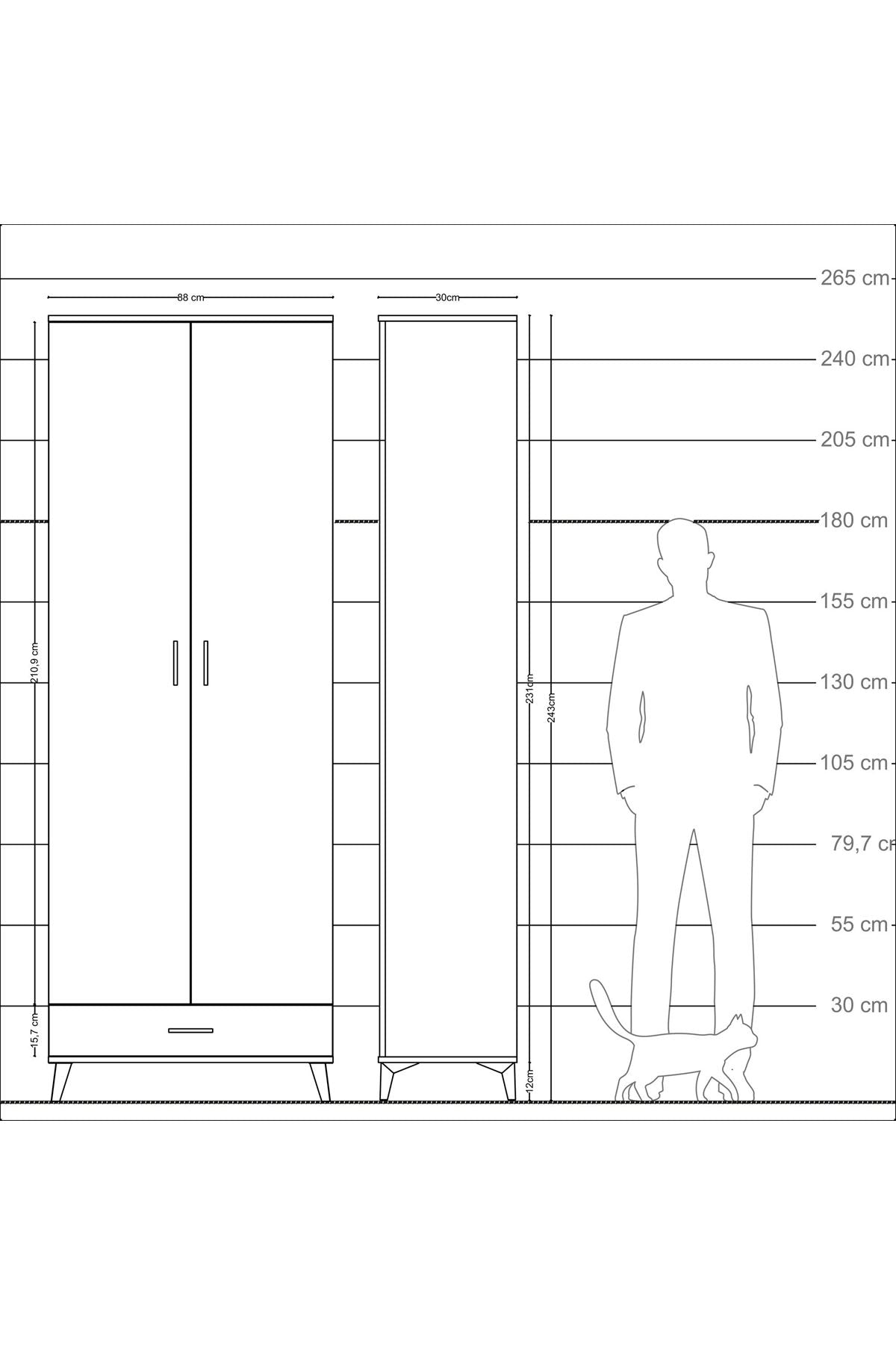 Arges Dolap 6 Raflı Tek Çekmeceli 2 Kapaklı 88x30x243 Antrasit-Çam
