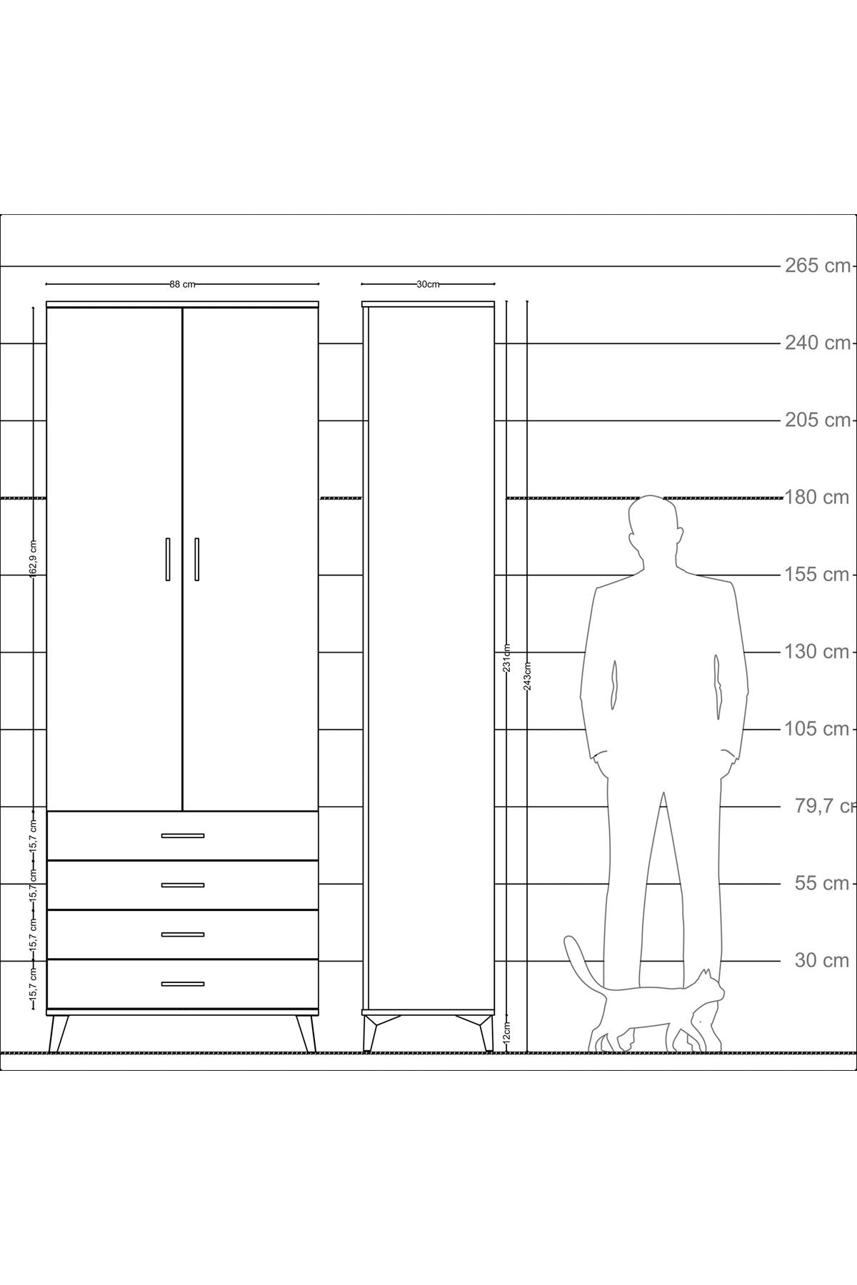 Arges Dolap 2 Raflı 4 Çekmeceli Tek Askılı 88x30x243 Aytaşı-Çam