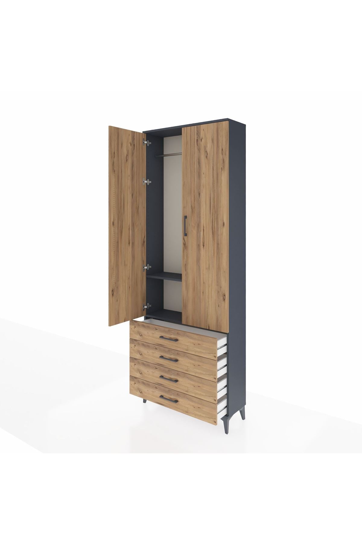 Arges Dolap 2 Raflı 4 Çekmeceli Tek Askılı 88x30x243 Antrasit-Çam