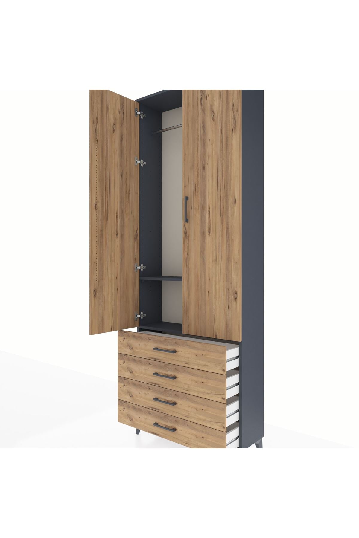 Arges Dolap 2 Raflı 4 Çekmeceli Tek Askılı 88x30x243 Antrasit-Çam