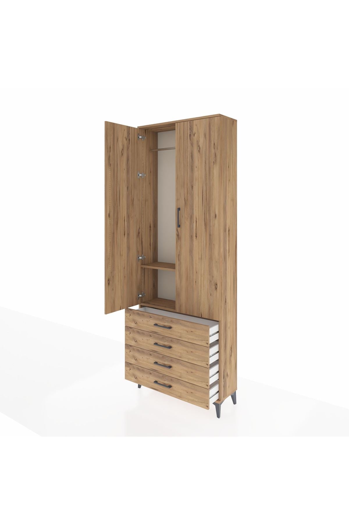 Arges Dolap 2 Raflı 4 Çekmeceli Tek Askılı 88x30x243 Çam-Çam