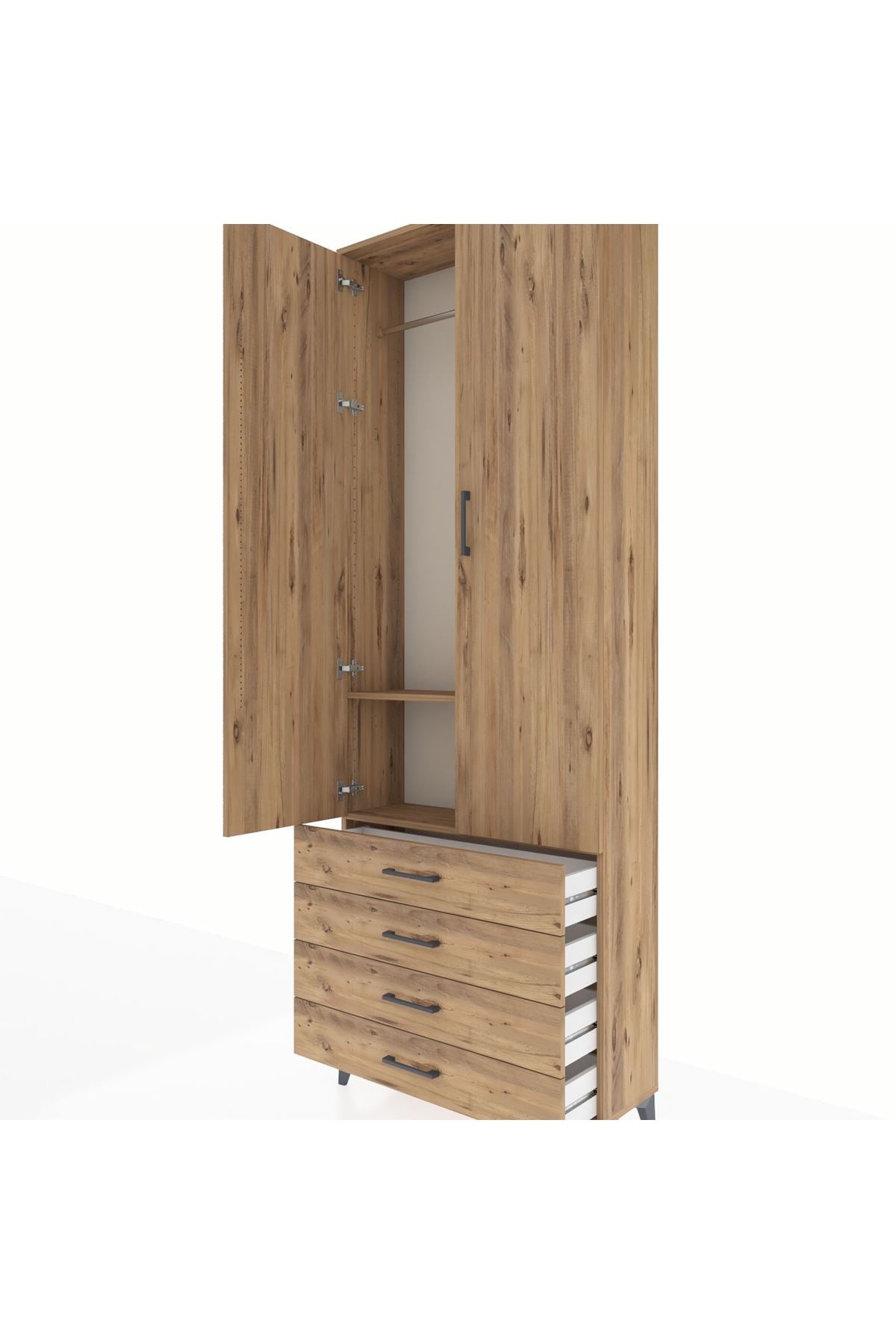 Arges Dolap 2 Raflı 4 Çekmeceli Tek Askılı 88x30x243 Çam-Çam