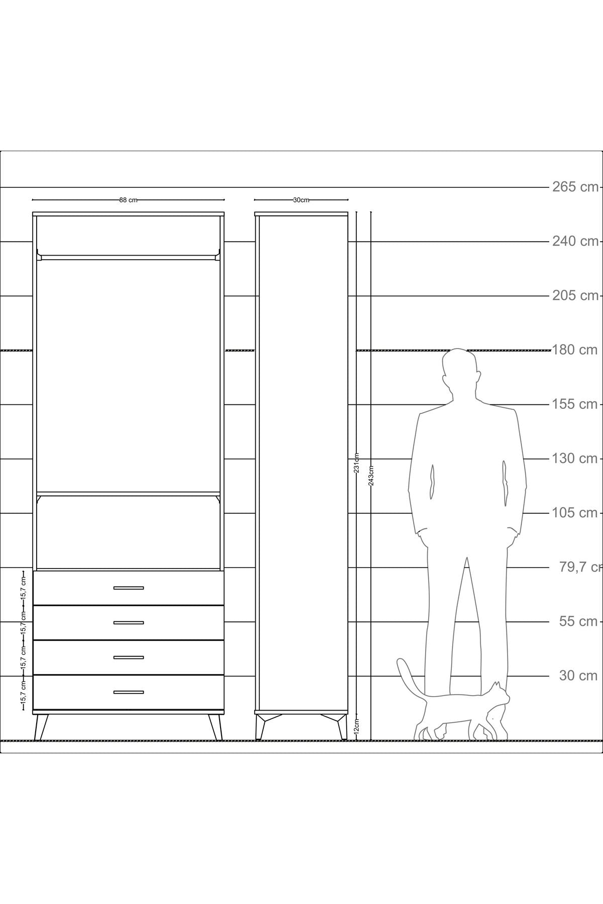 Arges Dolap 2 Raflı 4 Çekmeceli Tek Askılı 88x30x243 Aytaşı-Çam