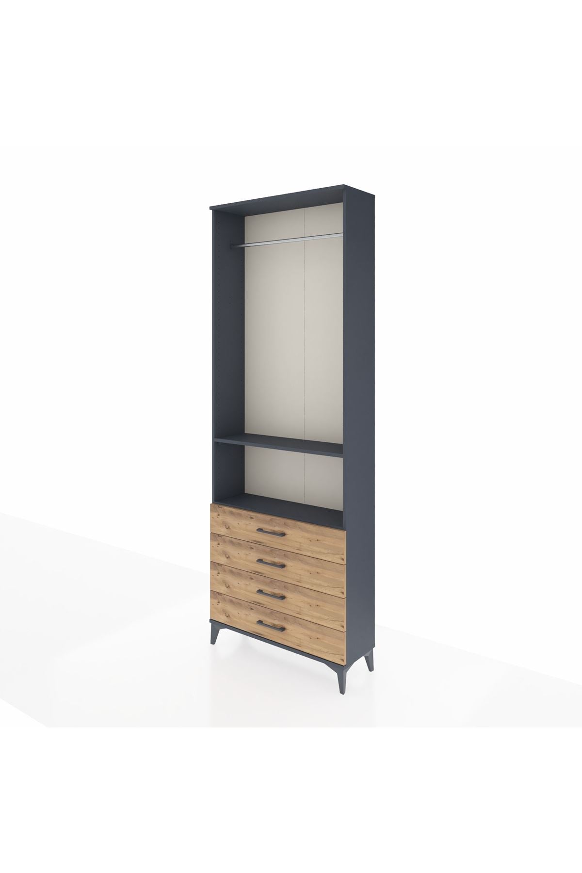 Arges Dolap 2 Raflı 4 Çekmeceli Tek Askılı 88x30x243 Antrasit-Çam