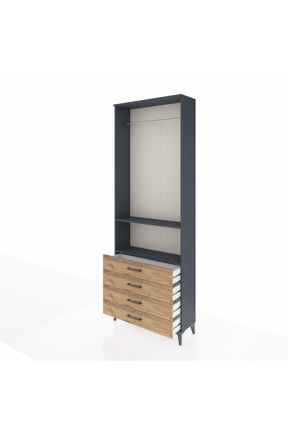 Arges Dolap 2 Raflı 4 Çekmeceli Tek Askılı 88x30x243 Antrasit-Çam