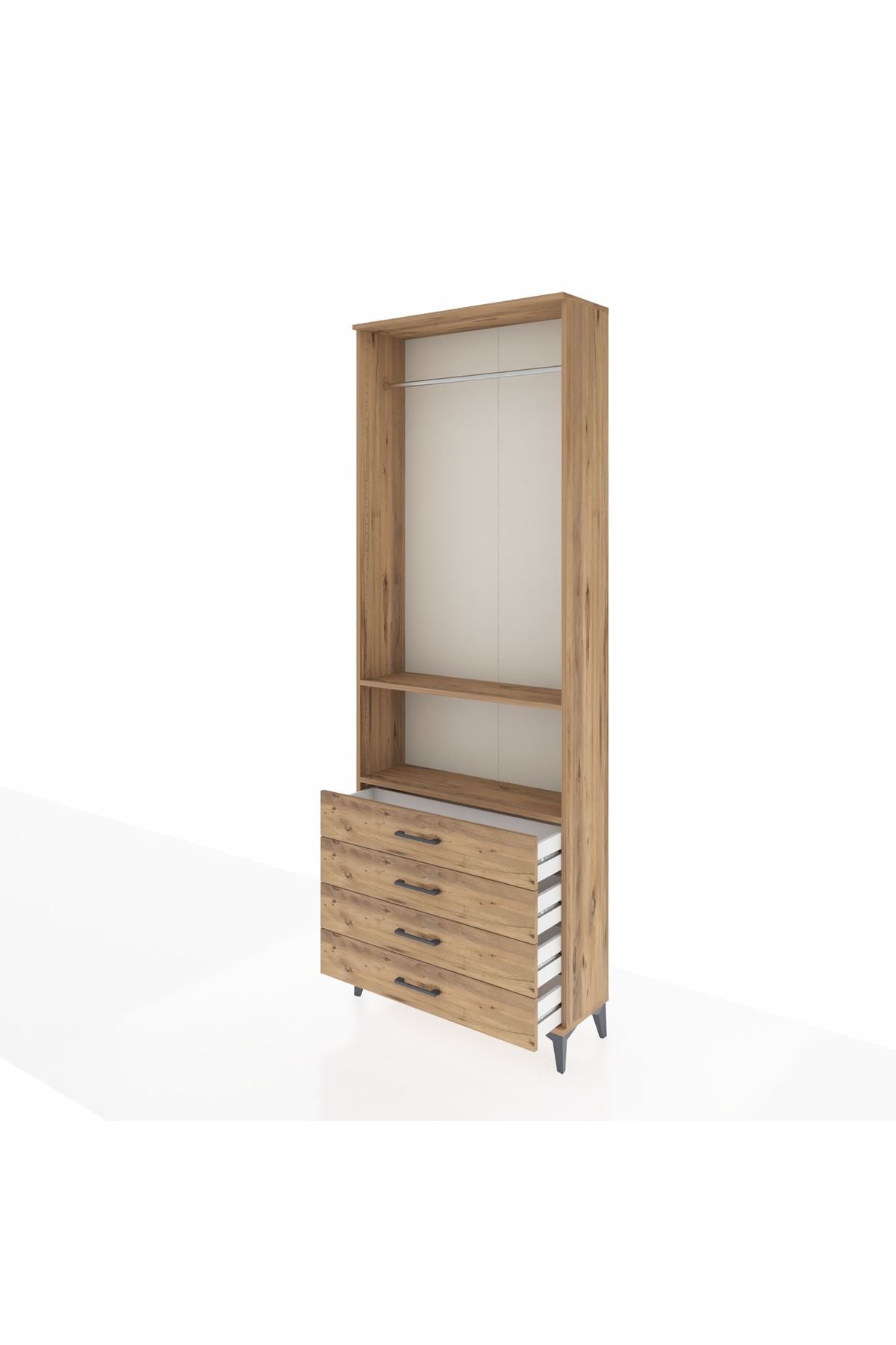 Arges Dolap 2 Raflı 4 Çekmeceli Tek Askılı 88x30x243 Çam-Çam