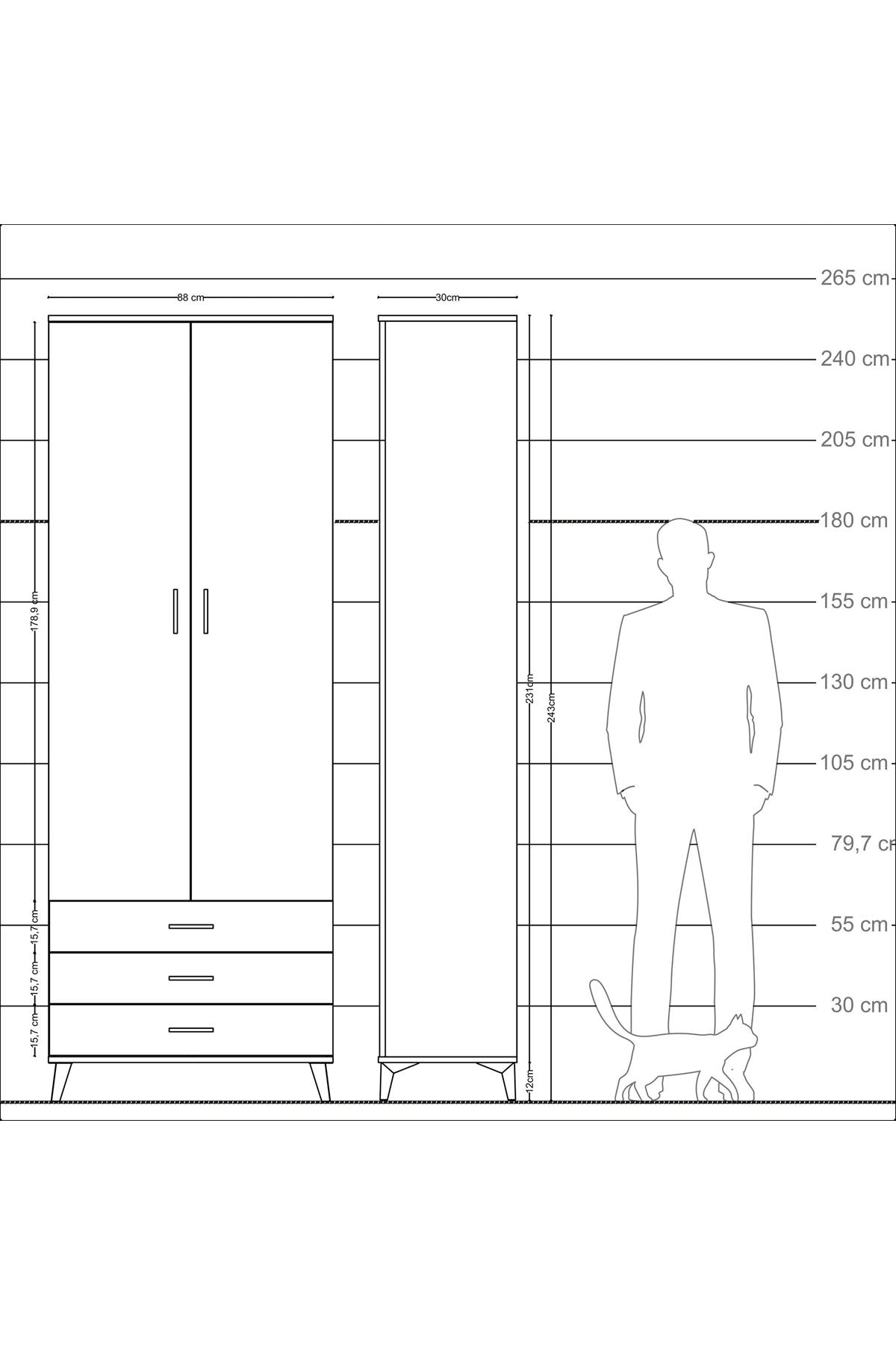 Arges Dolap 2 Raflı 3 Çekmeceli Tek Askılı 88x30x243 Çam-Antrasit