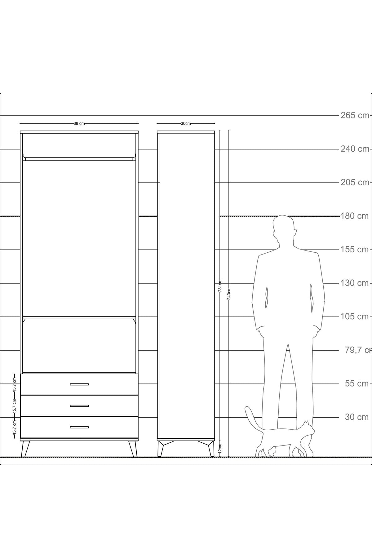 Arges Dolap 2 Raflı 3 Çekmeceli Tek Askılı 88x30x243 Çam-Antrasit