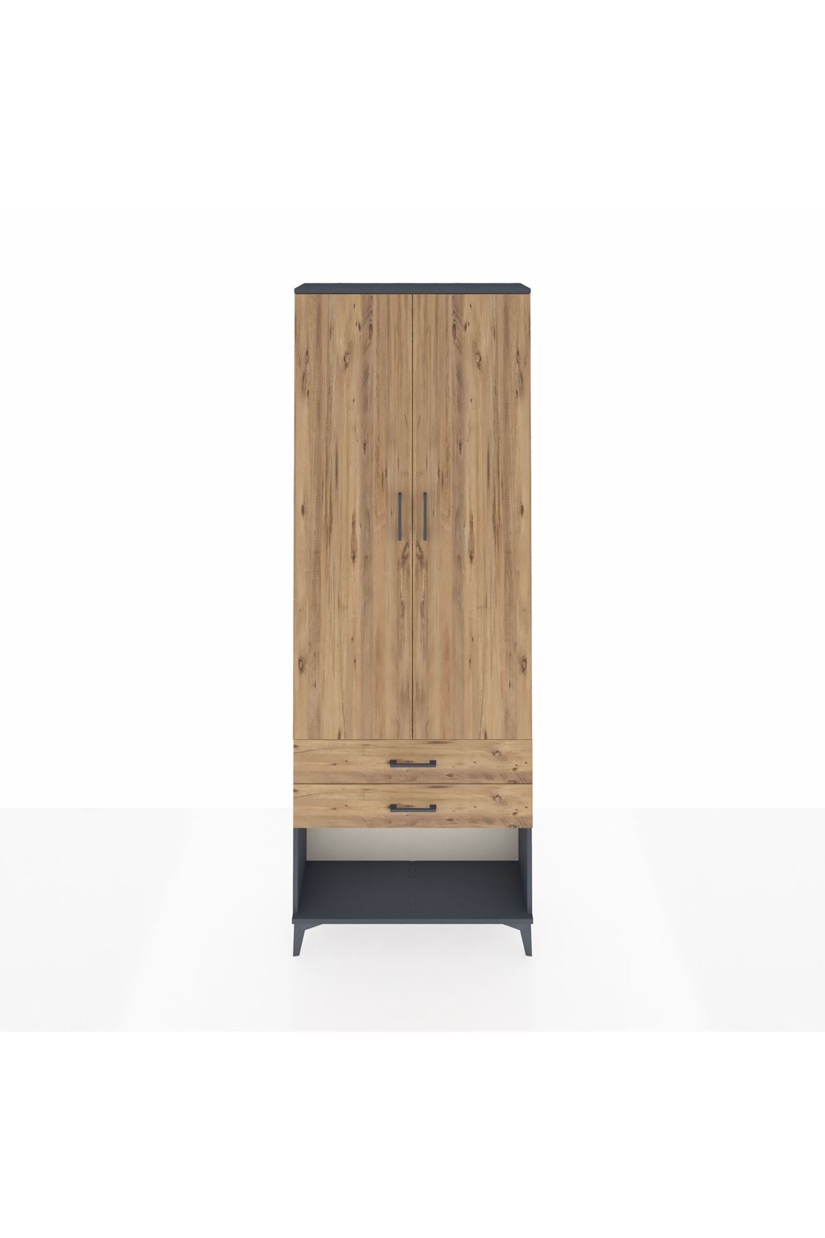 Arges Dolap 2 Raflı 2 Çekmeceli Tek Askılı 88x30x243 Antrasit-Çam