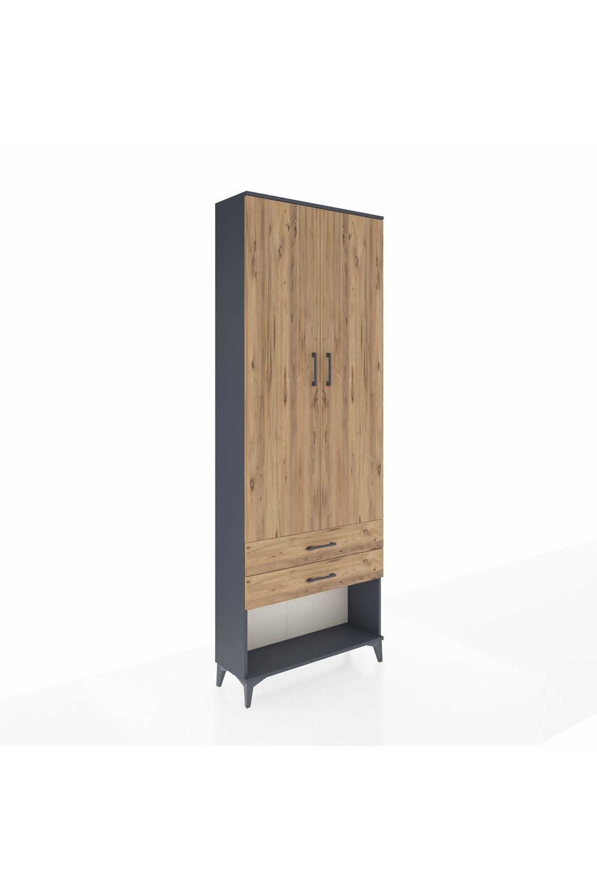 Arges Dolap 2 Raflı 2 Çekmeceli Tek Askılı 88x30x243 Antrasit-Çam