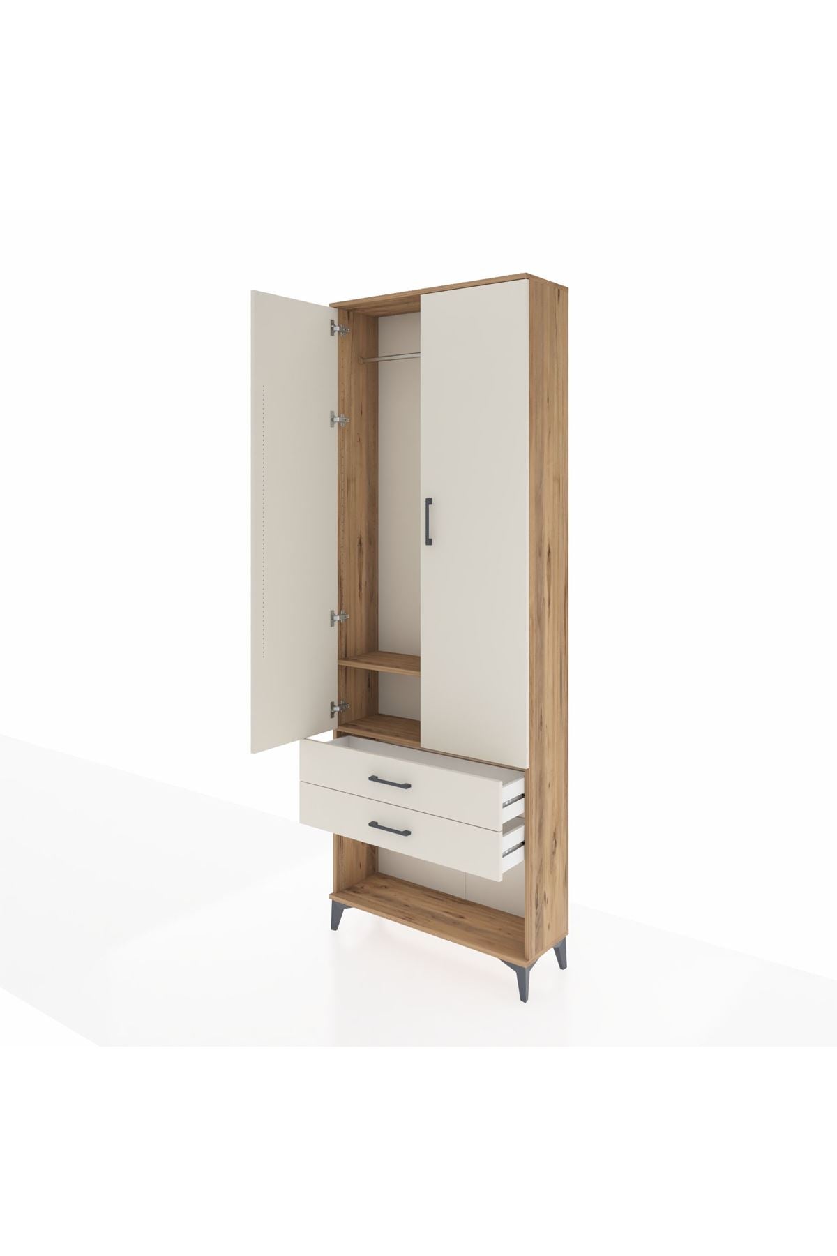 Arges Dolap 2 Raflı 2 Çekmeceli Tek Askılı 88x30x243 Çam-Aytaşı