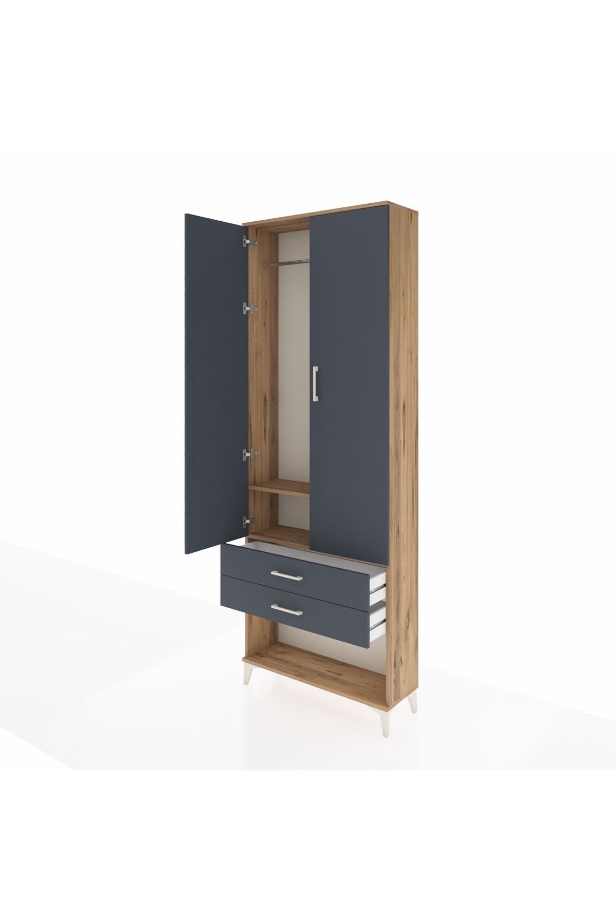 Arges Dolap 2 Raflı 2 Çekmeceli Tek Askılı 88x30x243 Çam-Antrasit