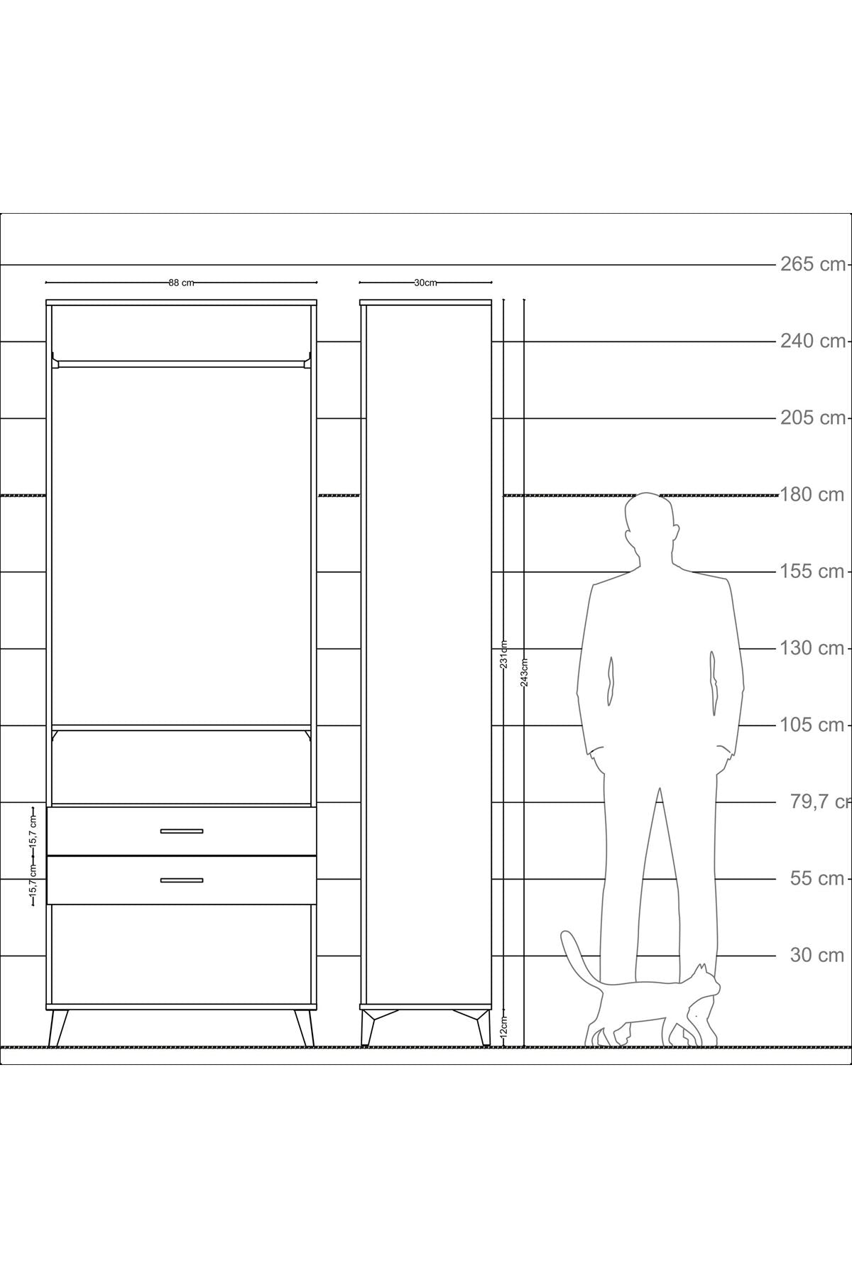 Arges Dolap 2 Raflı 2 Çekmeceli Tek Askılı 88x30x243 Çam-Antrasit