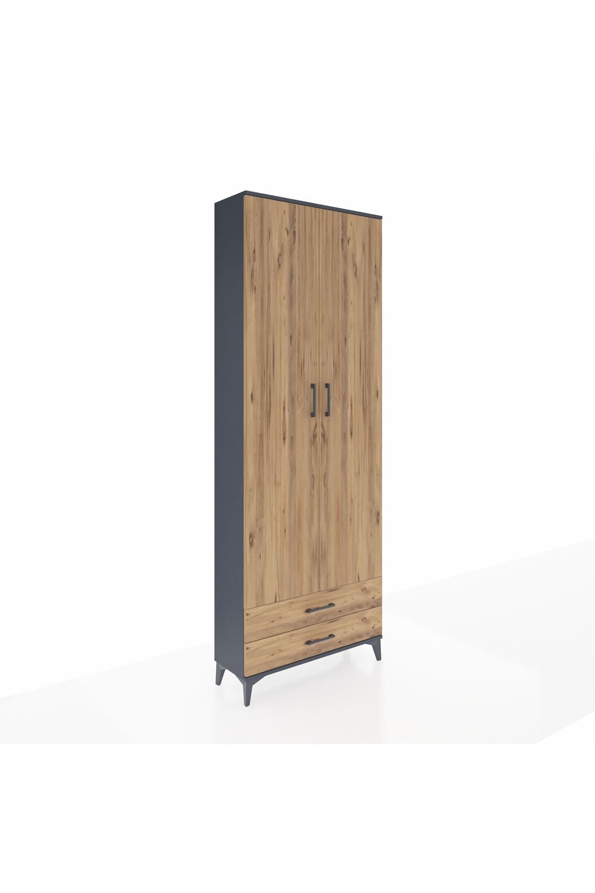 Arges Dolap 2 Raflı 2 Çekmeceli Tek Askılı 88x30x243 Antrasit-Çam