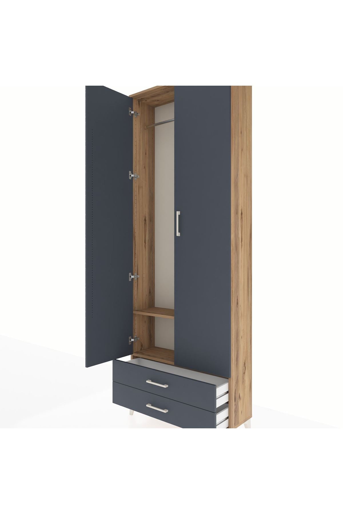 Arges Dolap 2 Raflı 2 Çekmeceli Tek Askılı 88x30x243 Çam-Antrasit