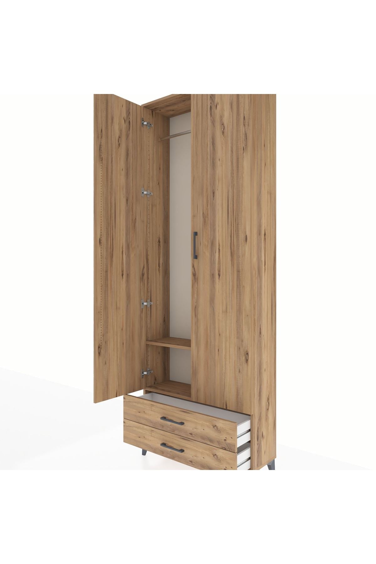 Arges Dolap 2 Raflı 2 Çekmeceli Tek Askılı 88x30x243 Çam-Çam