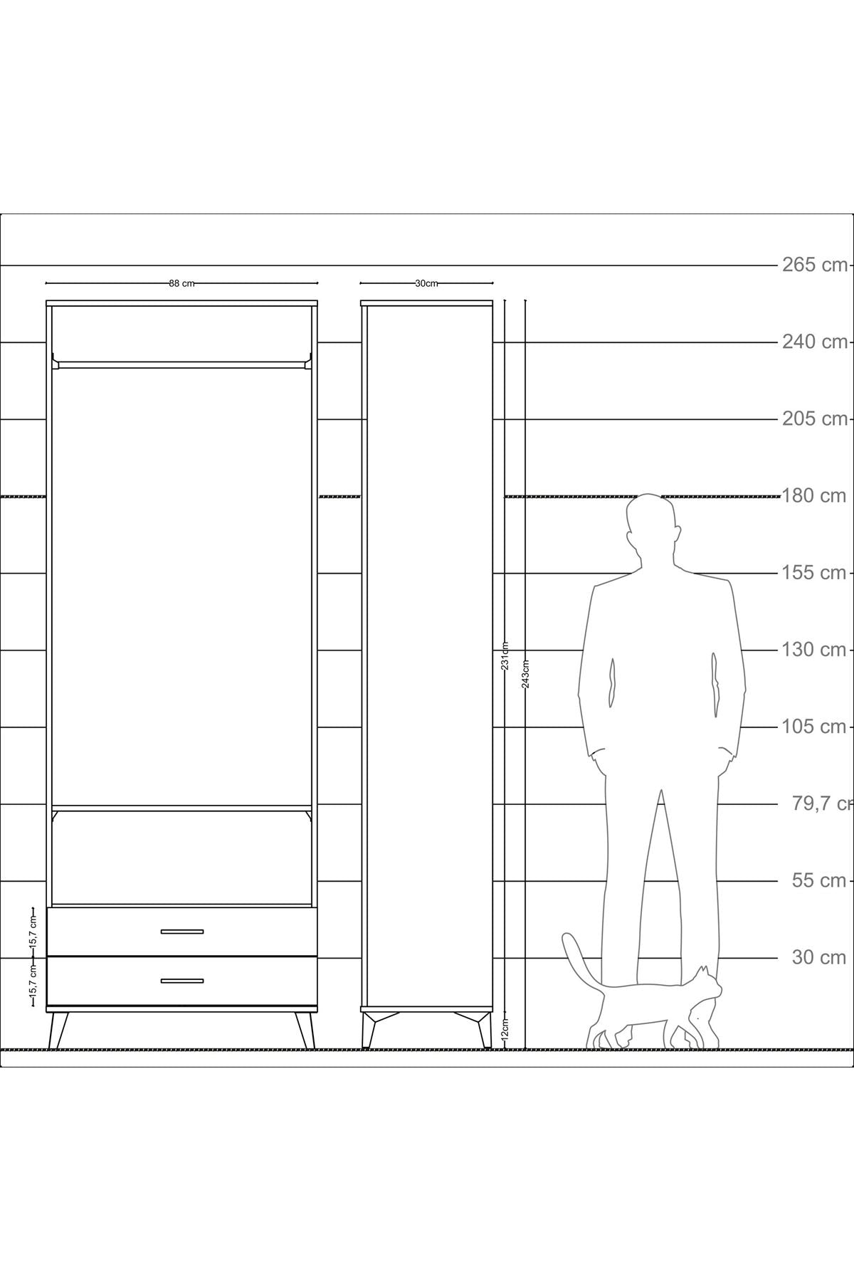Arges Dolap 2 Raflı 2 Çekmeceli Tek Askılı 88x30x243 Çam-Antrasit