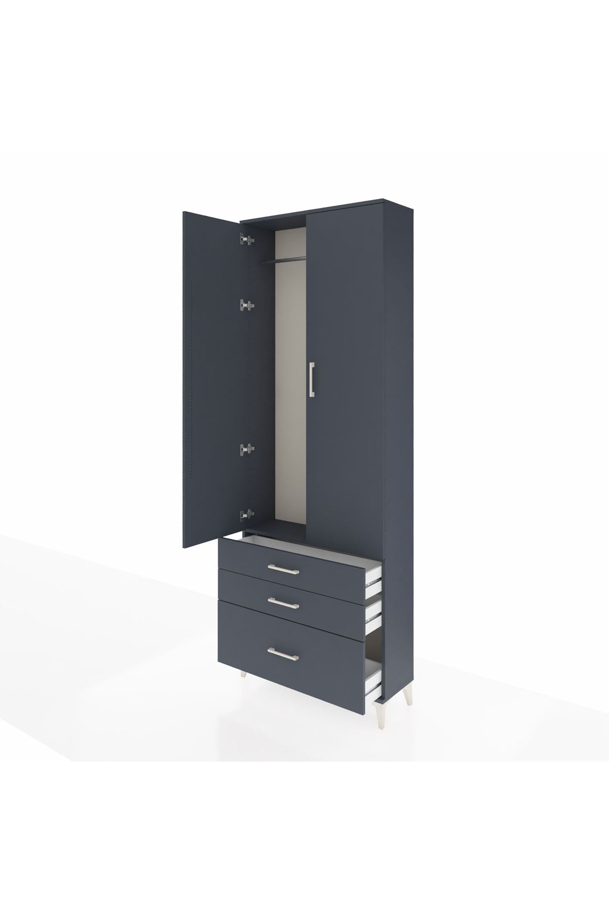 Arges Dolap Tek Raflı 3 Çekmeceli Tek Askılı 88x30x243 Antrasit-Antrasit