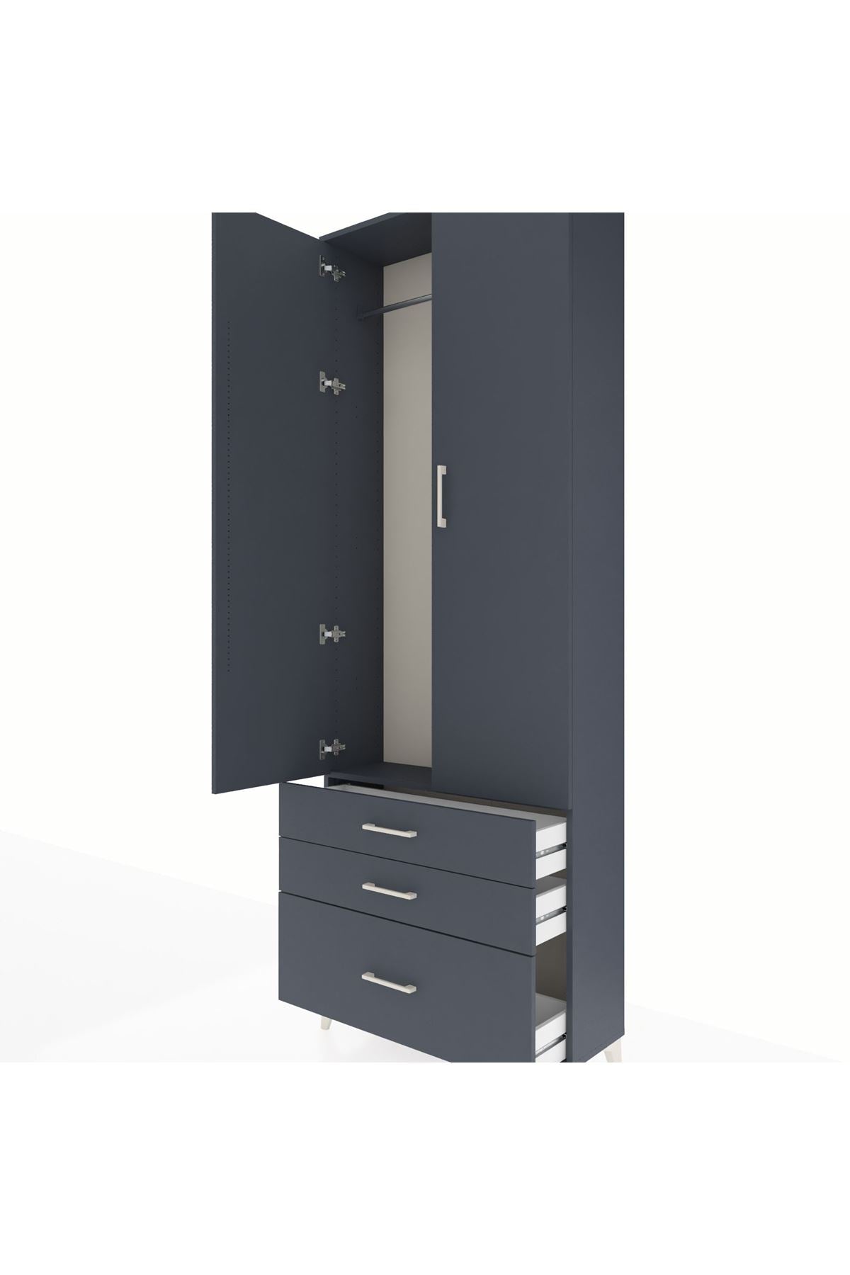Arges Dolap Tek Raflı 3 Çekmeceli Tek Askılı 88x30x243 Antrasit-Antrasit