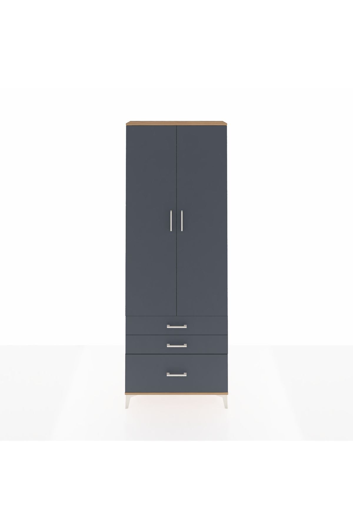 Arges Dolap Tek Raflı 3 Çekmeceli Tek Askılı 88x30x243 Çam-Antrasit