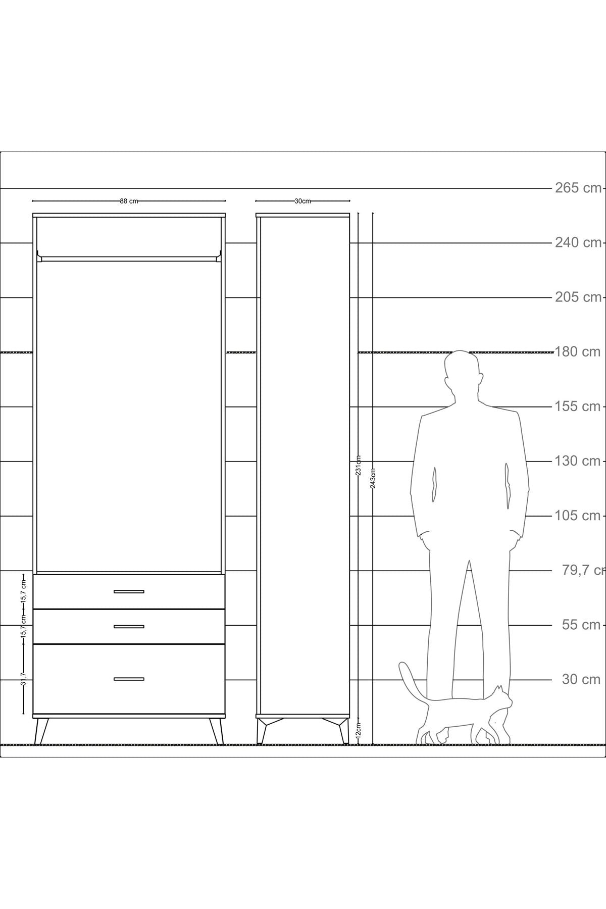 Arges Dolap Tek Raflı 3 Çekmeceli Tek Askılı 88x30x243 Aytaşı-Antrasit