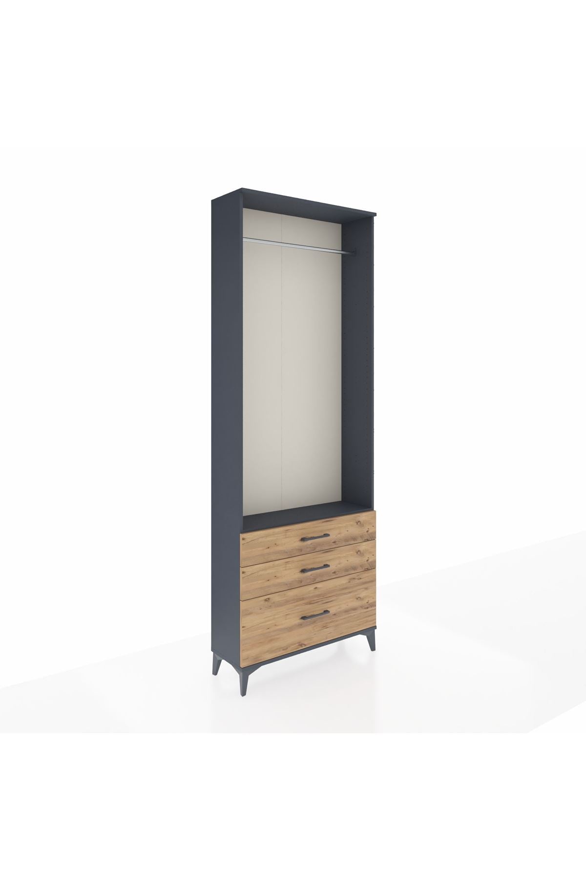 Arges Dolap Tek Raflı 3 Çekmeceli Tek Askılı 88x30x243 Antrasit-Çam