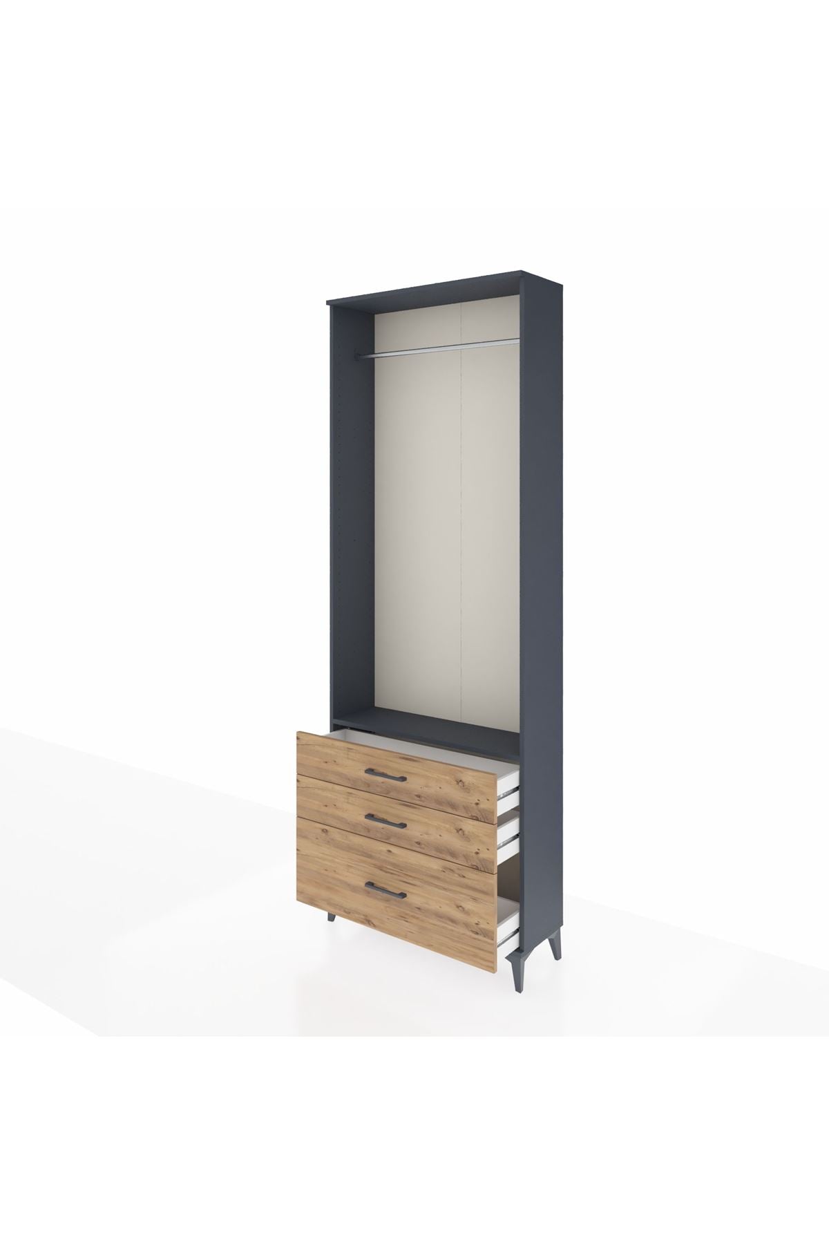 Arges Dolap Tek Raflı 3 Çekmeceli Tek Askılı 88x30x243 Antrasit-Çam