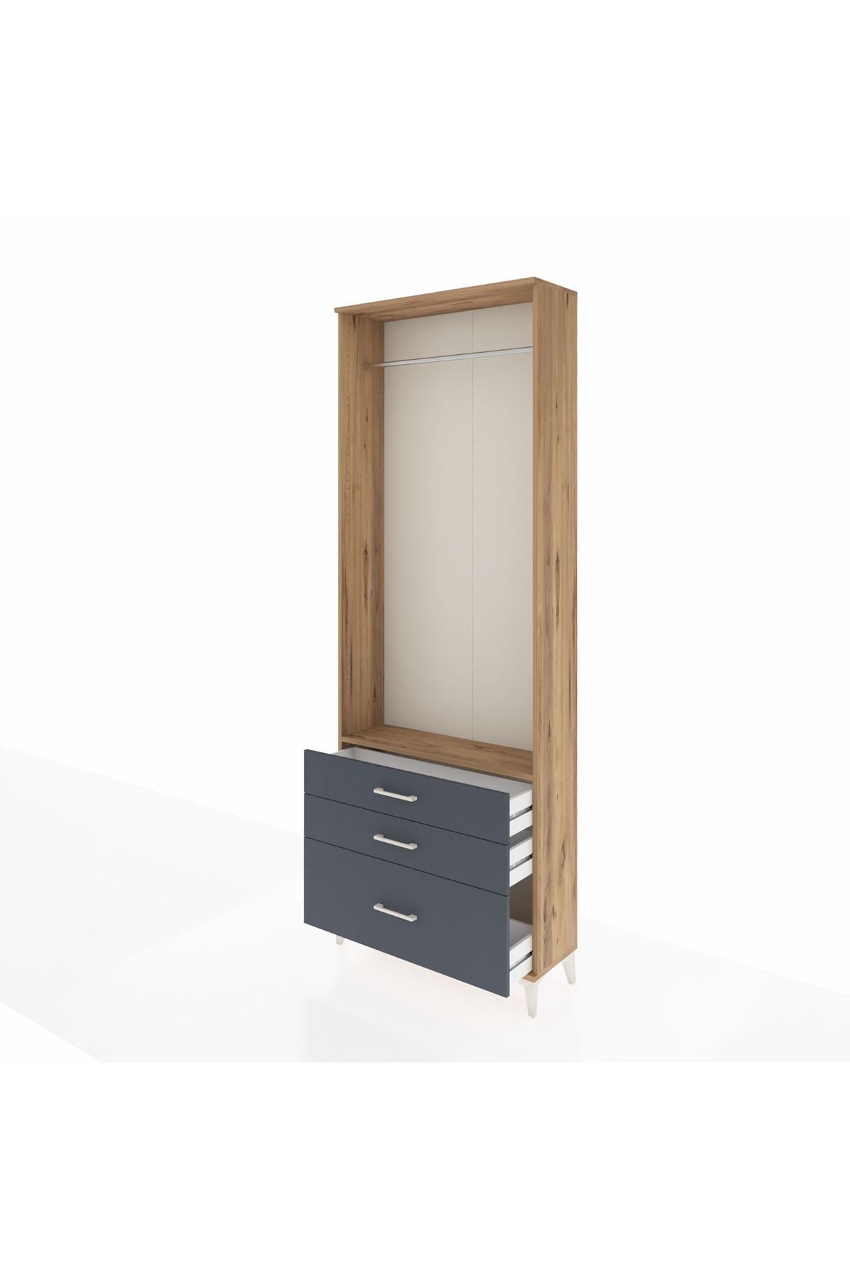 Arges Dolap Tek Raflı 3 Çekmeceli Tek Askılı 88x30x243 Çam-Antrasit