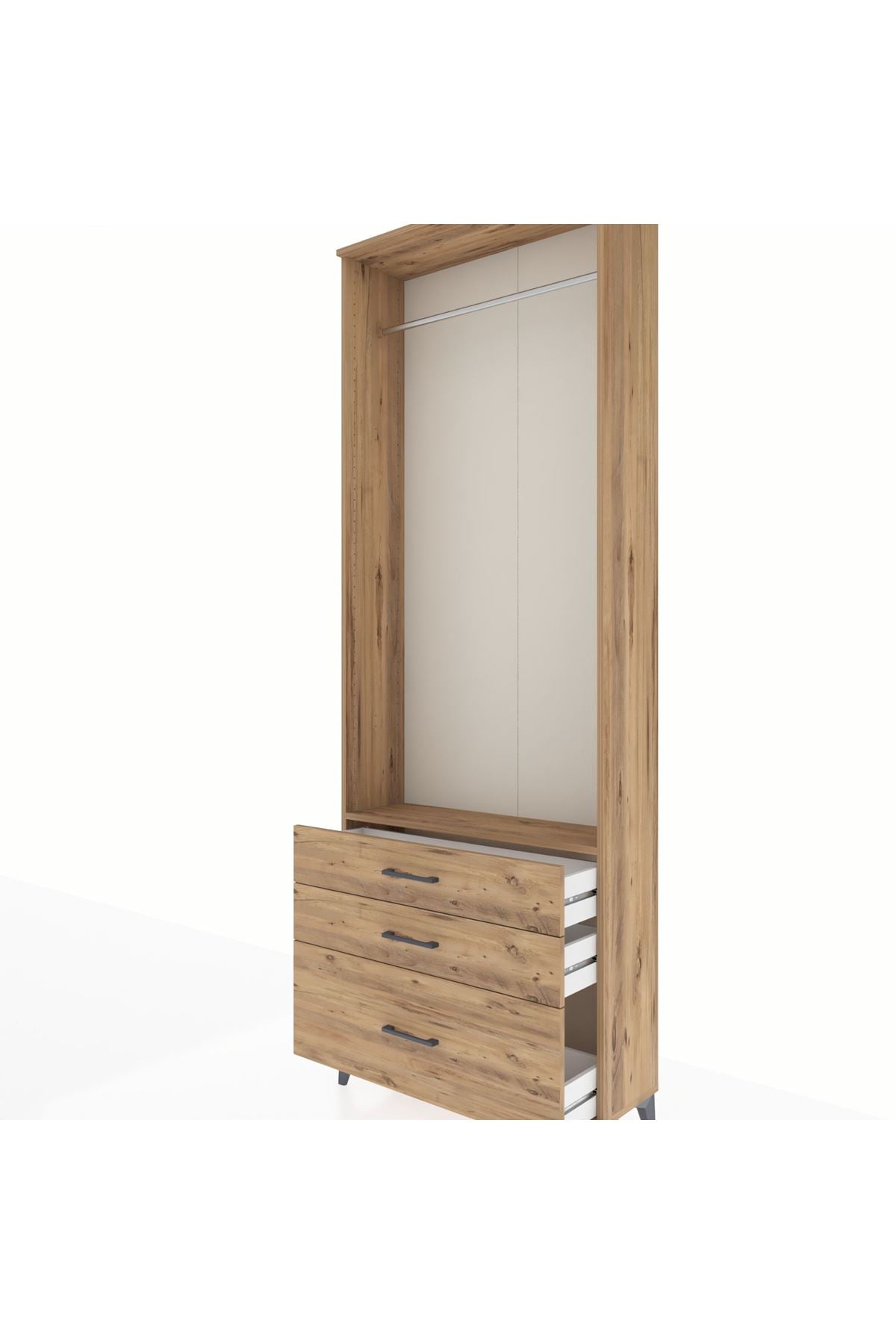 Arges Dolap Tek Raflı 3 Çekmeceli Tek Askılı 88x30x243 Çam-Çam