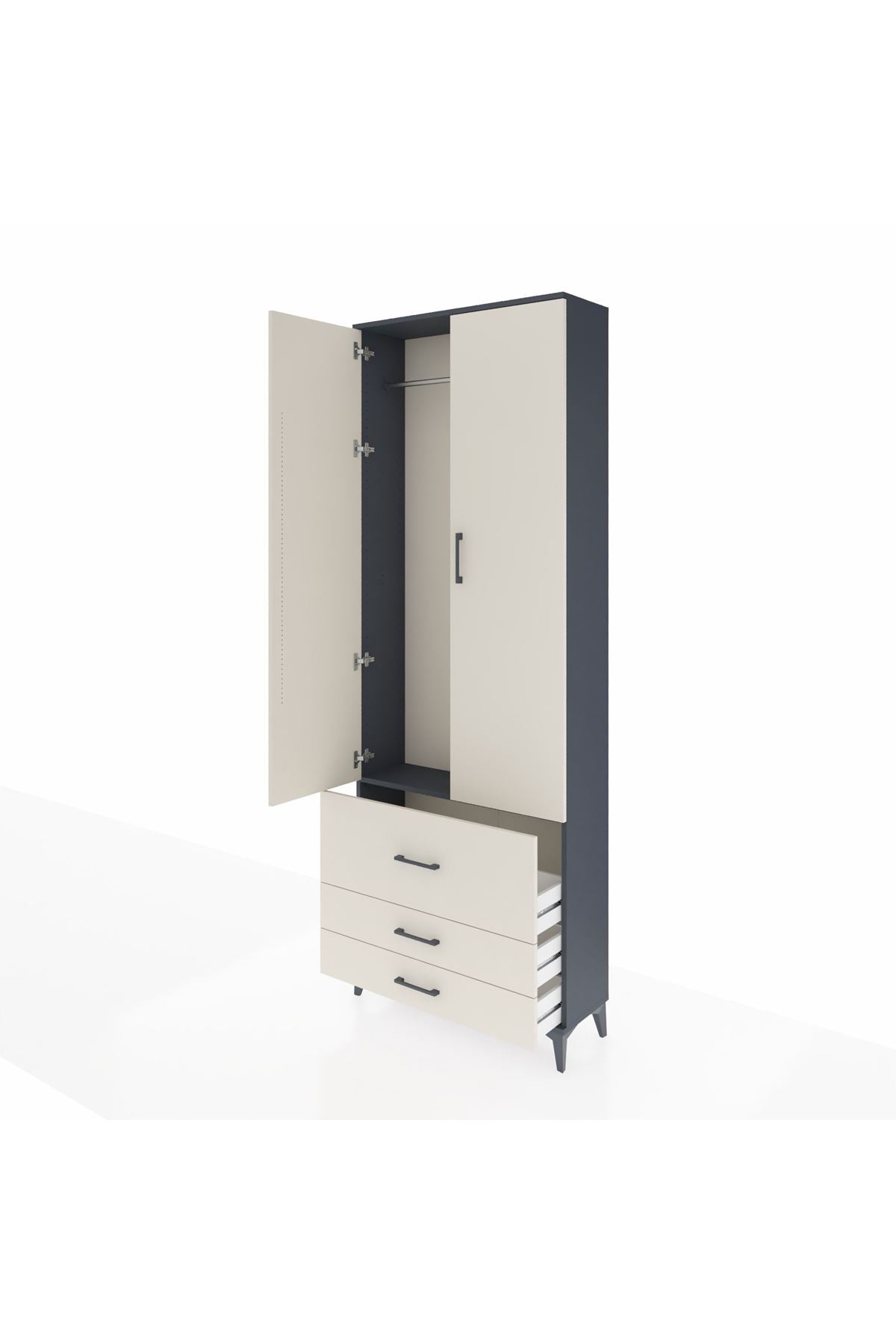 Arges Dolap Tek Raflı 3 Çekmeceli Tek Askılı 88x30x243 Antrasit-Aytaşı