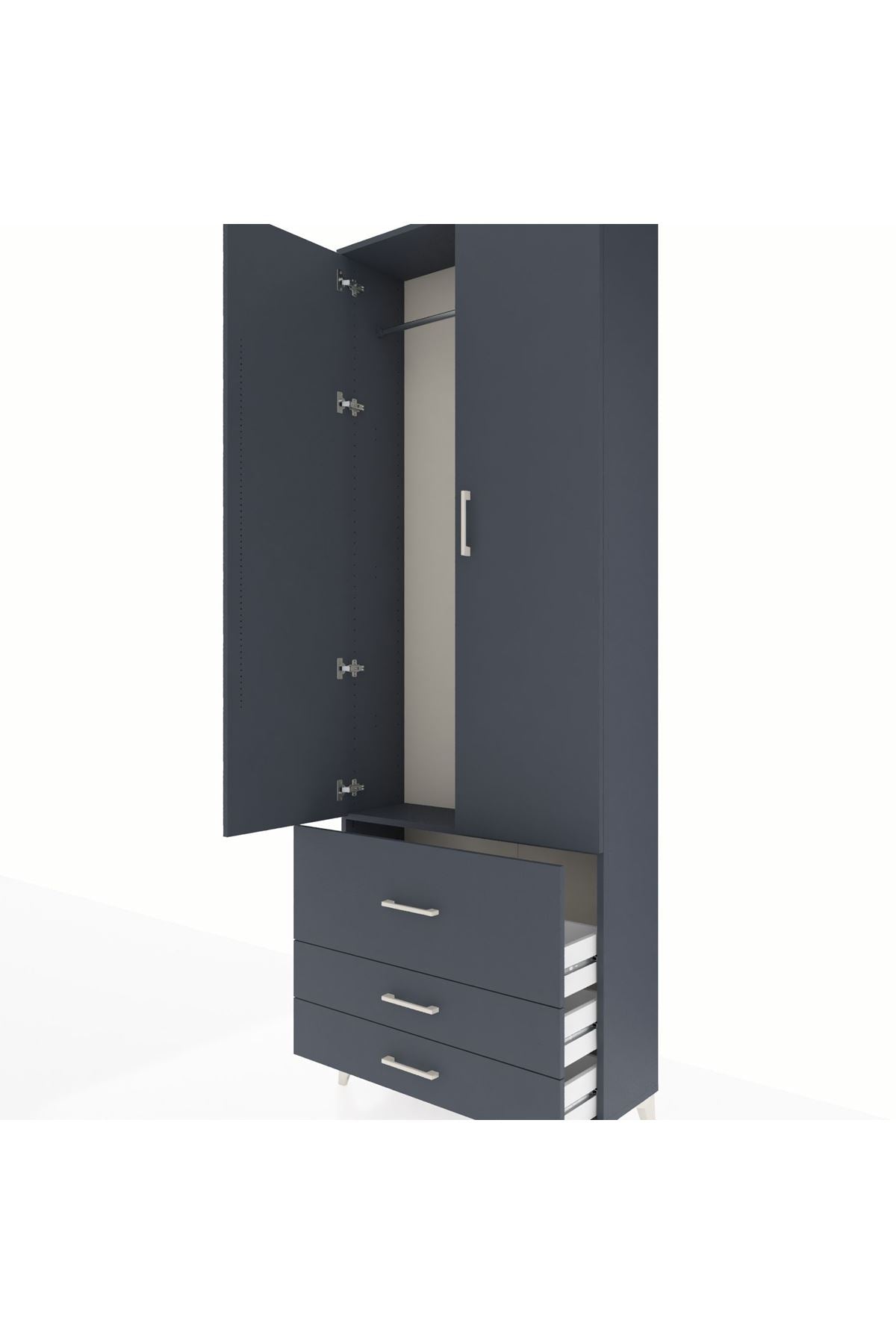 Arges Dolap Tek Raflı 3 Çekmeceli Tek Askılı 88x30x243 Antrasit-Antrasit