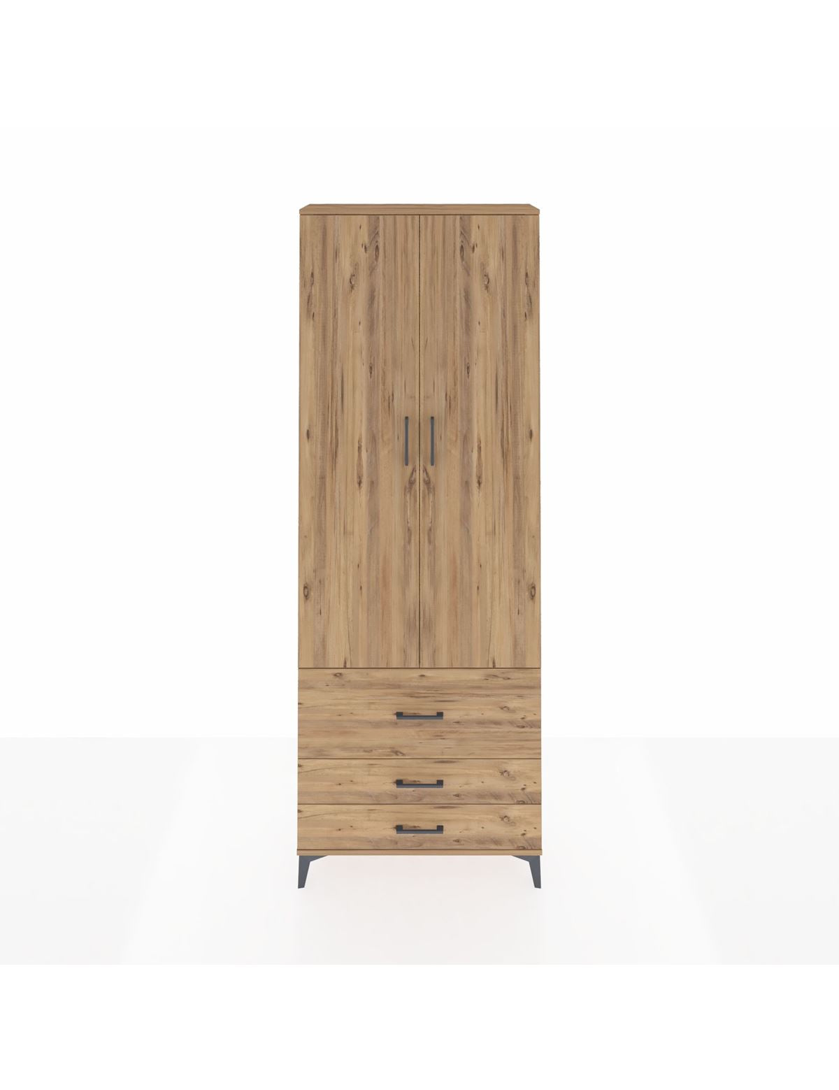 Arges Dolap Tek Raflı 3 Çekmeceli Tek Askılı 88x30x243 Çam-Çam