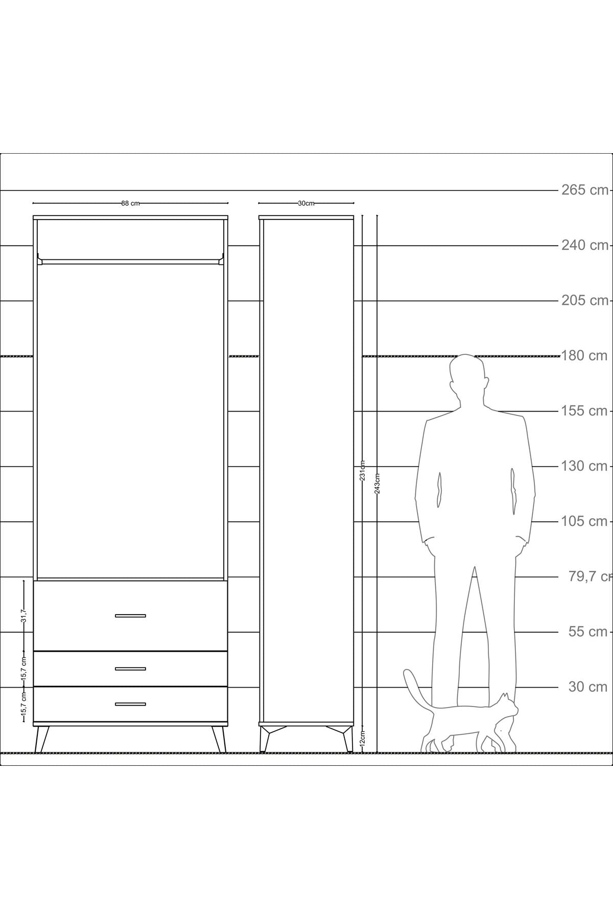 Arges Dolap Tek Raflı 3 Çekmeceli Tek Askılı 88x30x243 Aytaşı-Antrasit