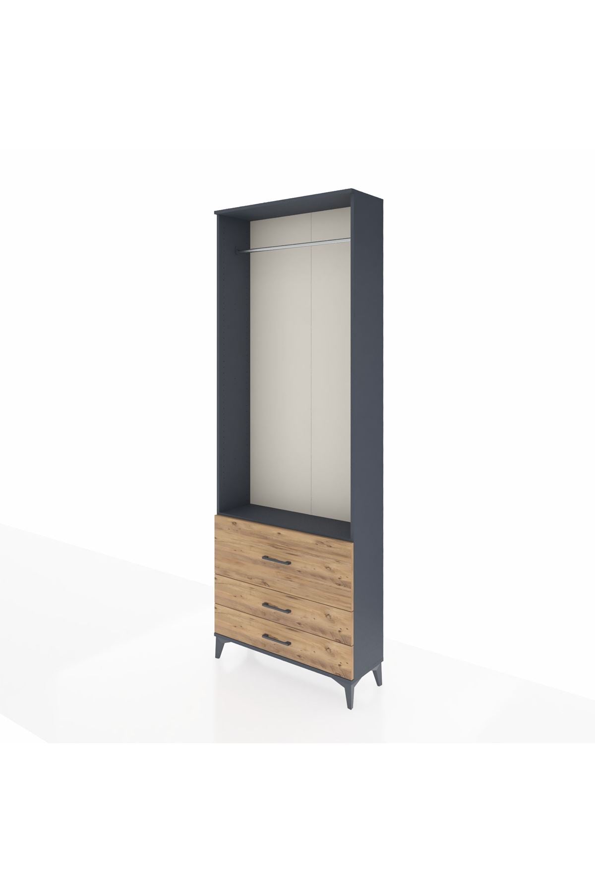 Arges Dolap Tek Raflı 3 Çekmeceli Tek Askılı 88x30x243 Antrasit-Çam