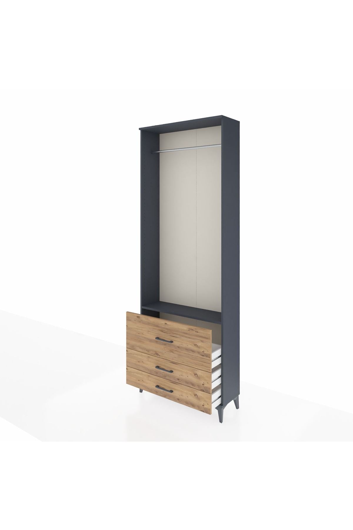 Arges Dolap Tek Raflı 3 Çekmeceli Tek Askılı 88x30x243 Antrasit-Çam