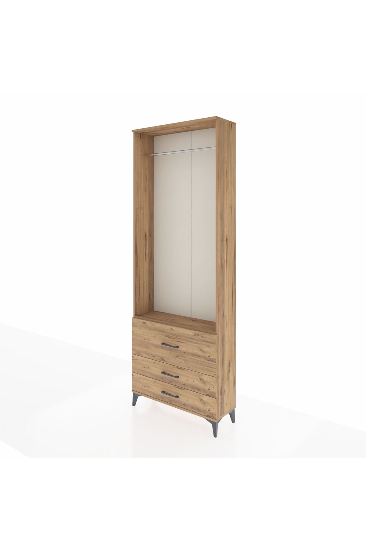 Arges Dolap Tek Raflı 3 Çekmeceli Tek Askılı 88x30x243 Çam-Çam