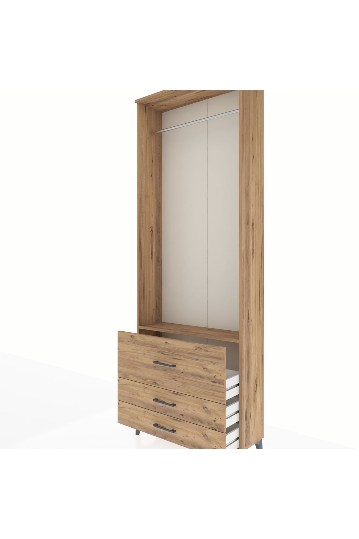 Arges Dolap Tek Raflı 3 Çekmeceli Tek Askılı 88x30x243 Çam-Çam