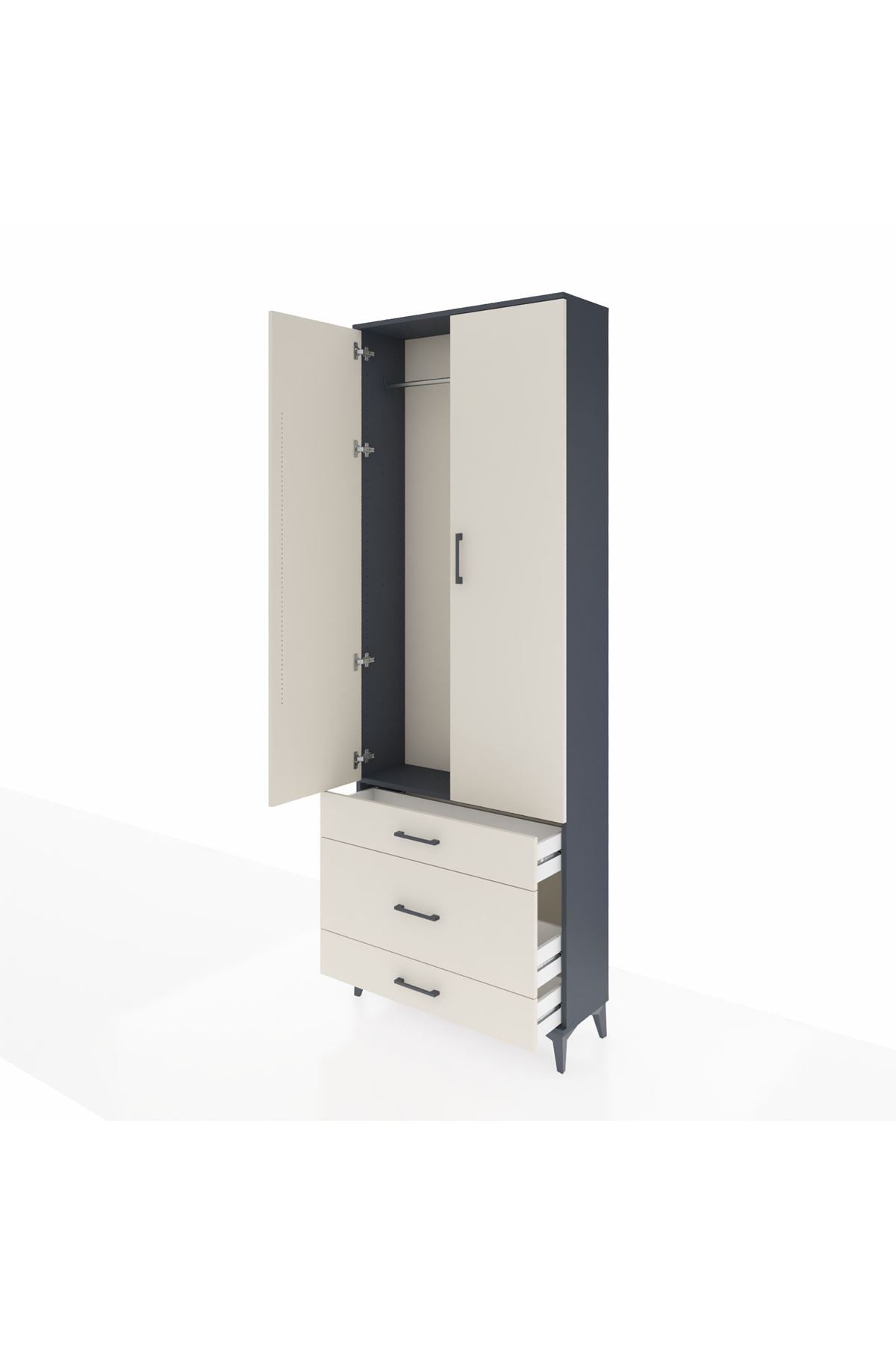 Arges Dolap Tek Raflı 3 Çekmeceli Tek Askılı 88x30x243 Antrasit-Aytaşı
