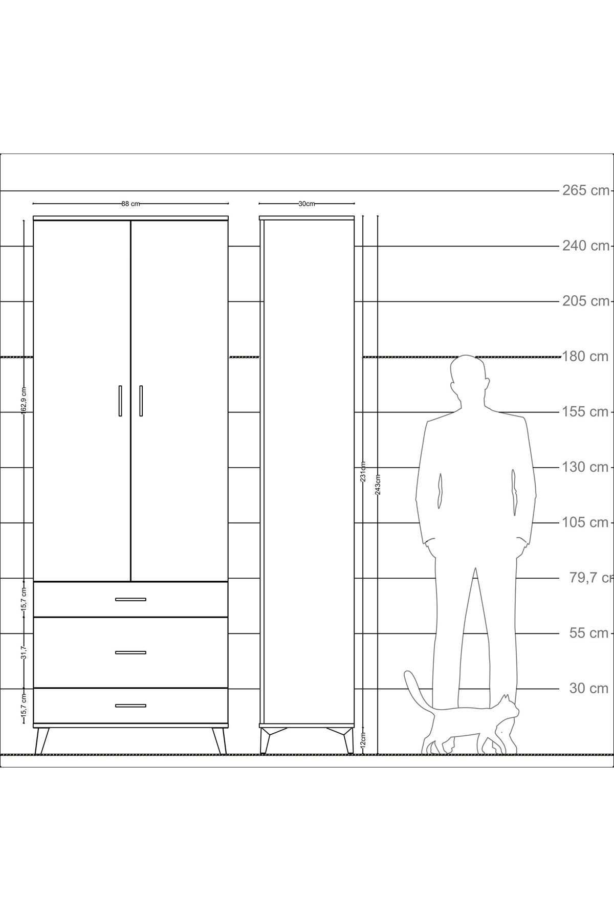 Arges Dolap Tek Raflı 3 Çekmeceli Tek Askılı 88x30x243 Antrasit-Aytaşı